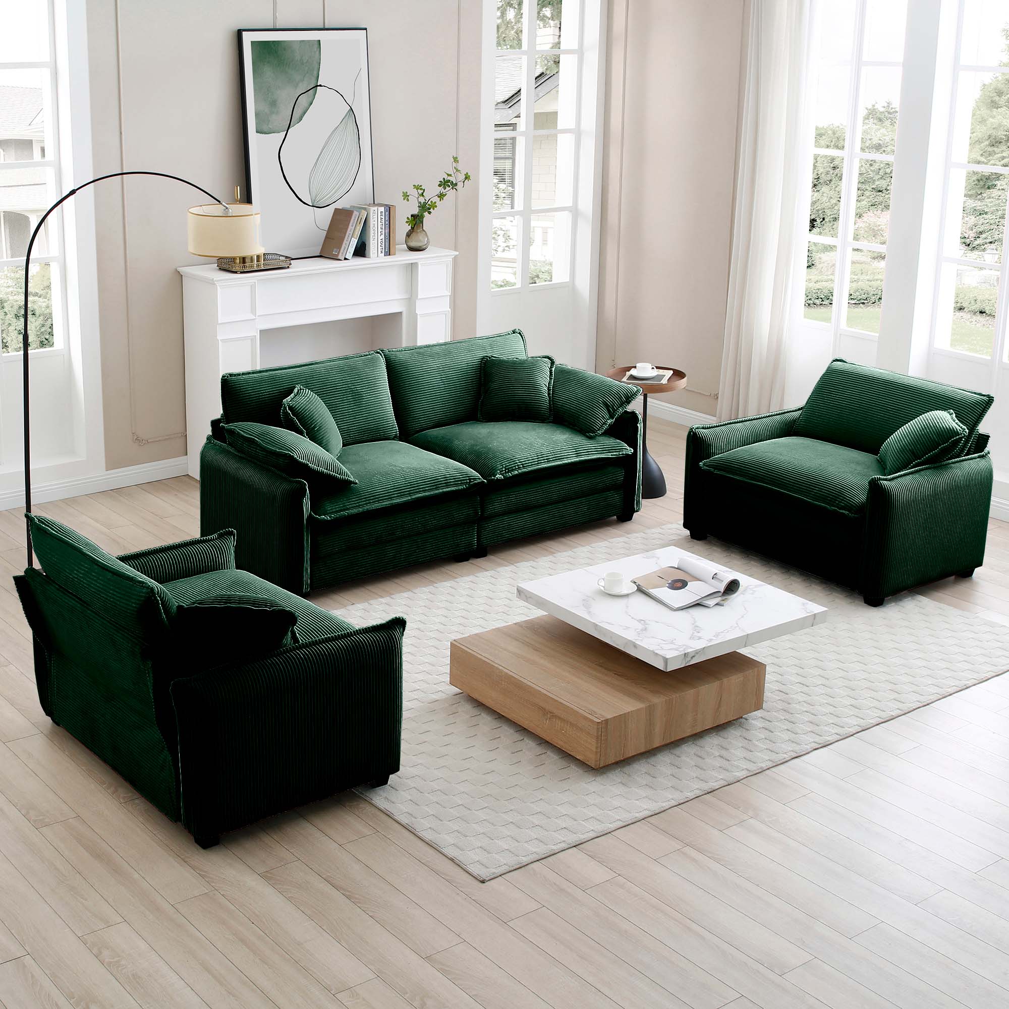 Luxurious and Sophisticated Sofa Set with Soft Cushions and Pillows, Sofa Set for Living Rooms and Clubs as well as Home Theaters, Consisting of Two Single Sofas and a 2-Seaters  Sofas inGreen Corduro