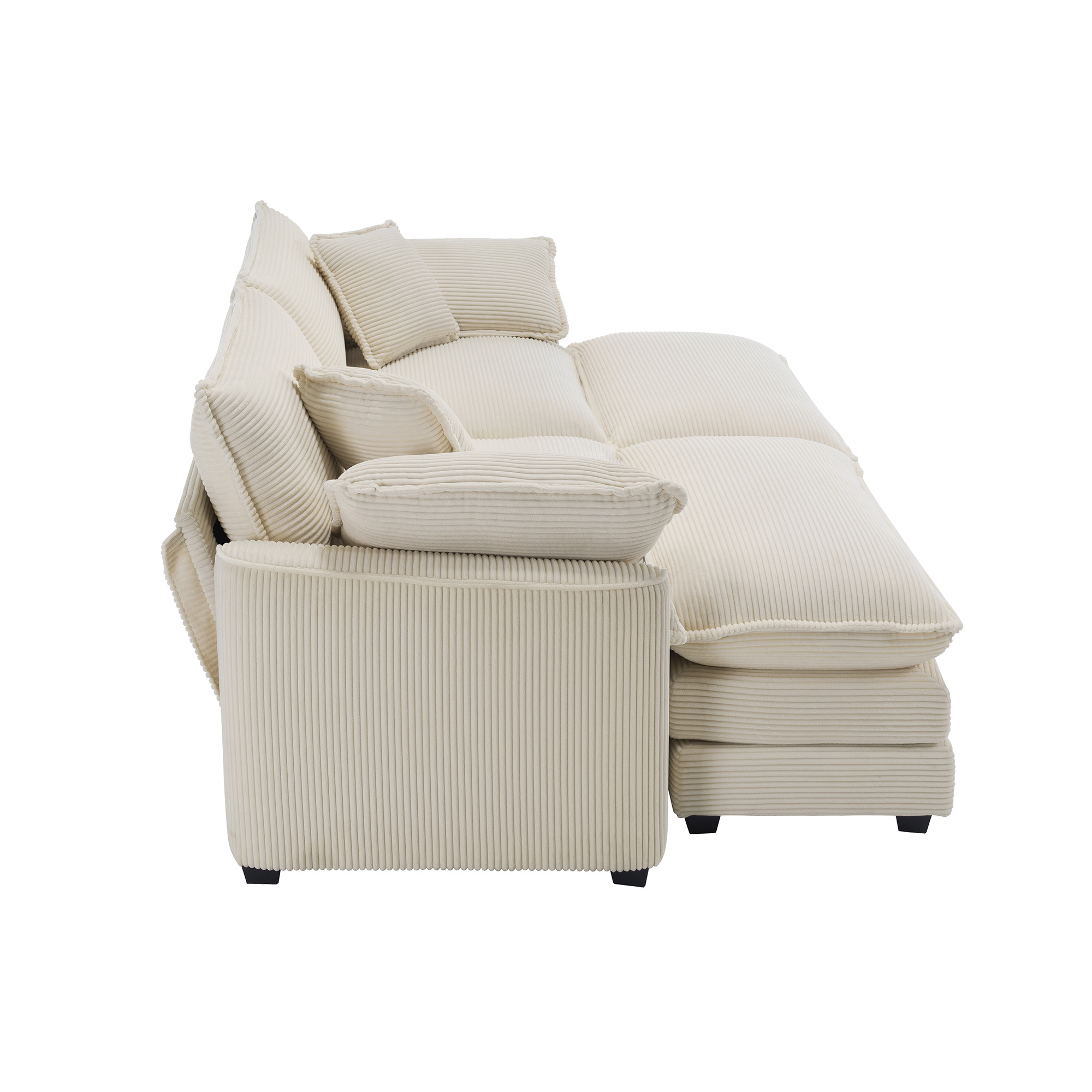 Corduroy Two-Seater Sofa  with 2 Footrest, 2-Seater Sofa with Ottoman to Work As Sofa Bed for Small Living Spaces, Light Beige Corduroy Sofa