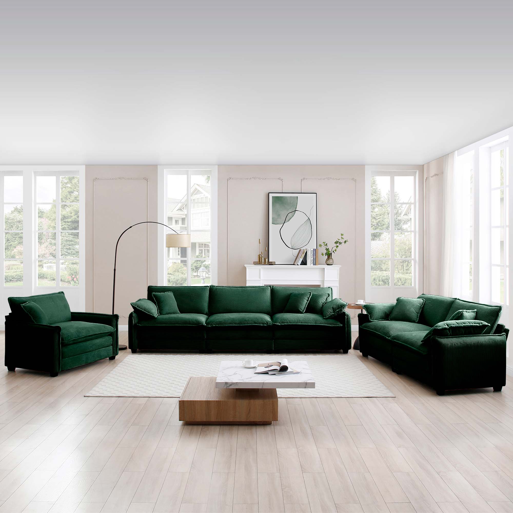 3 Piece  Comfortable Oversized Sectional Sofa, One Single Sofa and One 2-Seater Sofa and One 3-Seater Sofa ,Green Corduroy Deep Seat Sofa