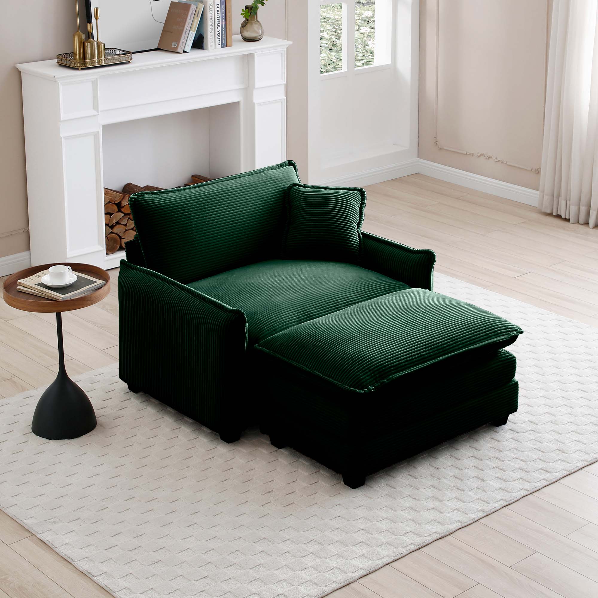 Single Deep Seat Sofa With Footstool With One Pillow, Suitable for Living Room and Bedroom, Club Multiple Occasions,Green Corduroy