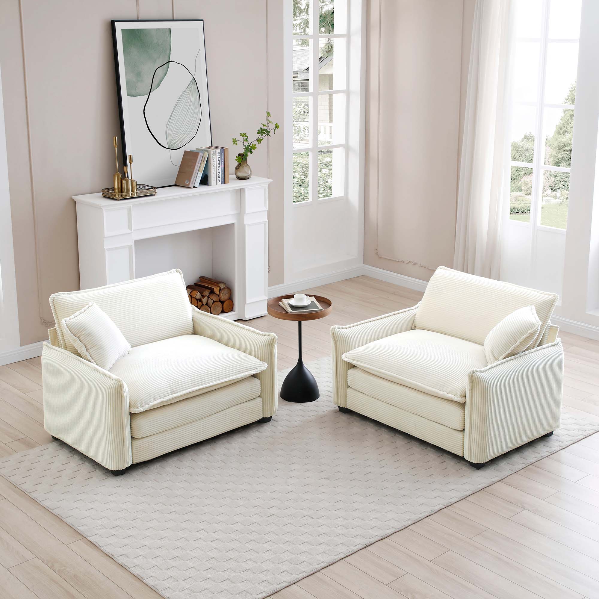 Beige Corduroy,Luxurious and Sophisticated Deep Seated Sofa Set with Two Single  Deep Seat Sofa Suitable for Living Room and Office