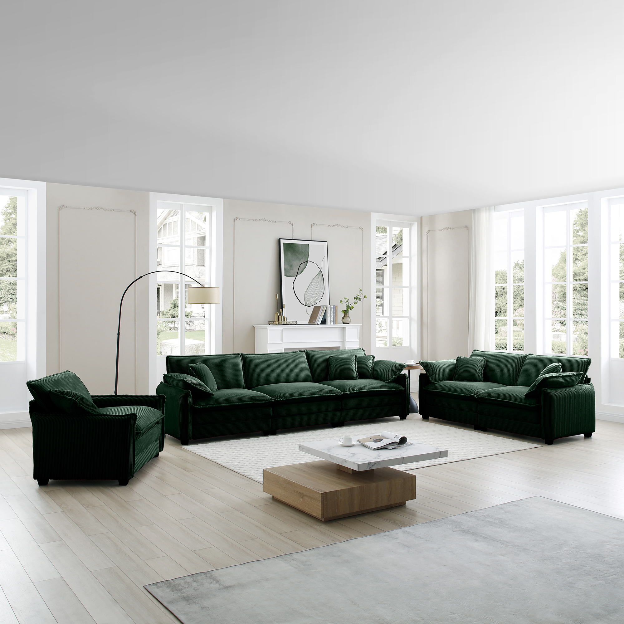 3 Piece  Comfortable Oversized Sectional Sofa, One Single Sofa and One 2-Seater Sofa and One 3-Seater Sofa ,Green Corduroy Deep Seat Sofa