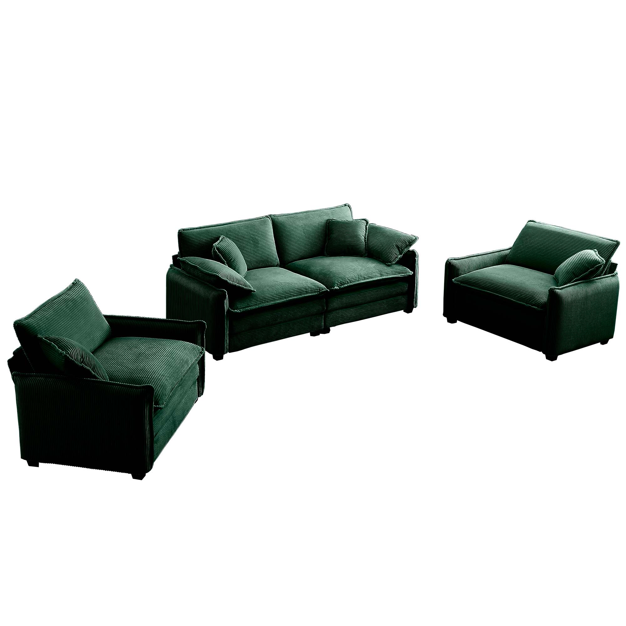 Luxurious and Sophisticated Sofa Set with Soft Cushions and Pillows, Sofa Set for Living Rooms and Clubs as well as Home Theaters, Consisting of Two Single Sofas and a 2-Seaters  Sofas inGreen Corduro