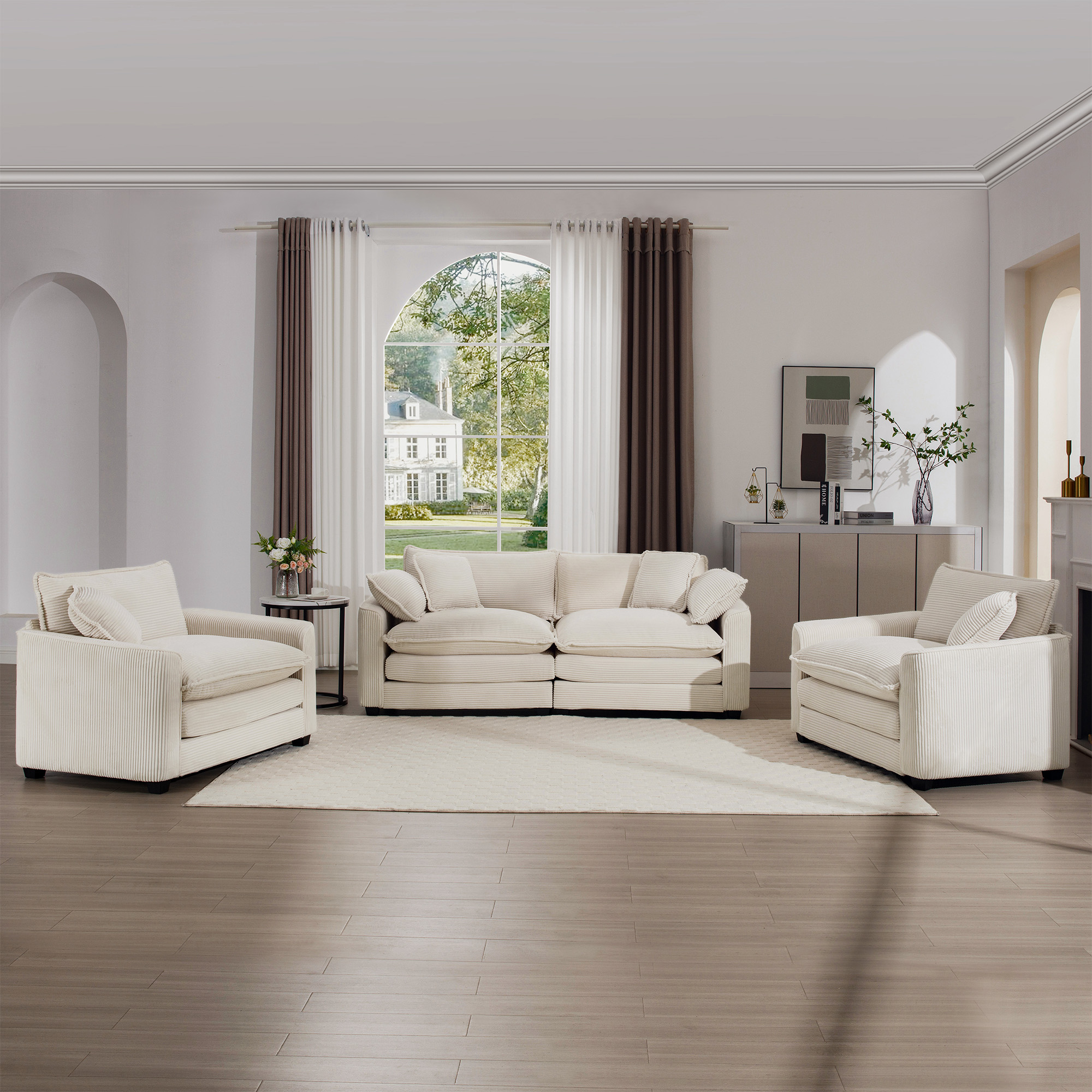 Warm and Cozy Sofa Set with Soft Cushions and Pillows, Home Theater Style Sofa Set Consisting of One 2-Seater Sofas and Two Single Sofa in Light Beige Corduroy Fabric