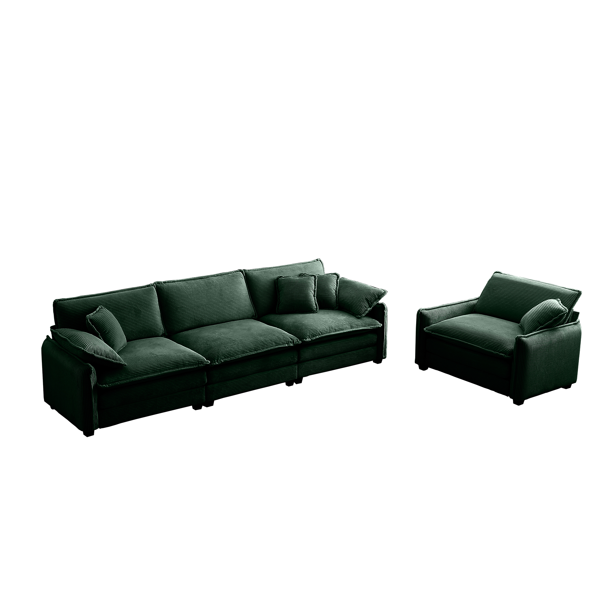 Mid-Century Modern Sofa Set of Two, One 3-Seater Sofa and One Single Seat Sofa with 2 Arm Pillows and 4 Throw Pillows,2 Pieces Sofa Set for Living Room,Green Corduroy Fabric