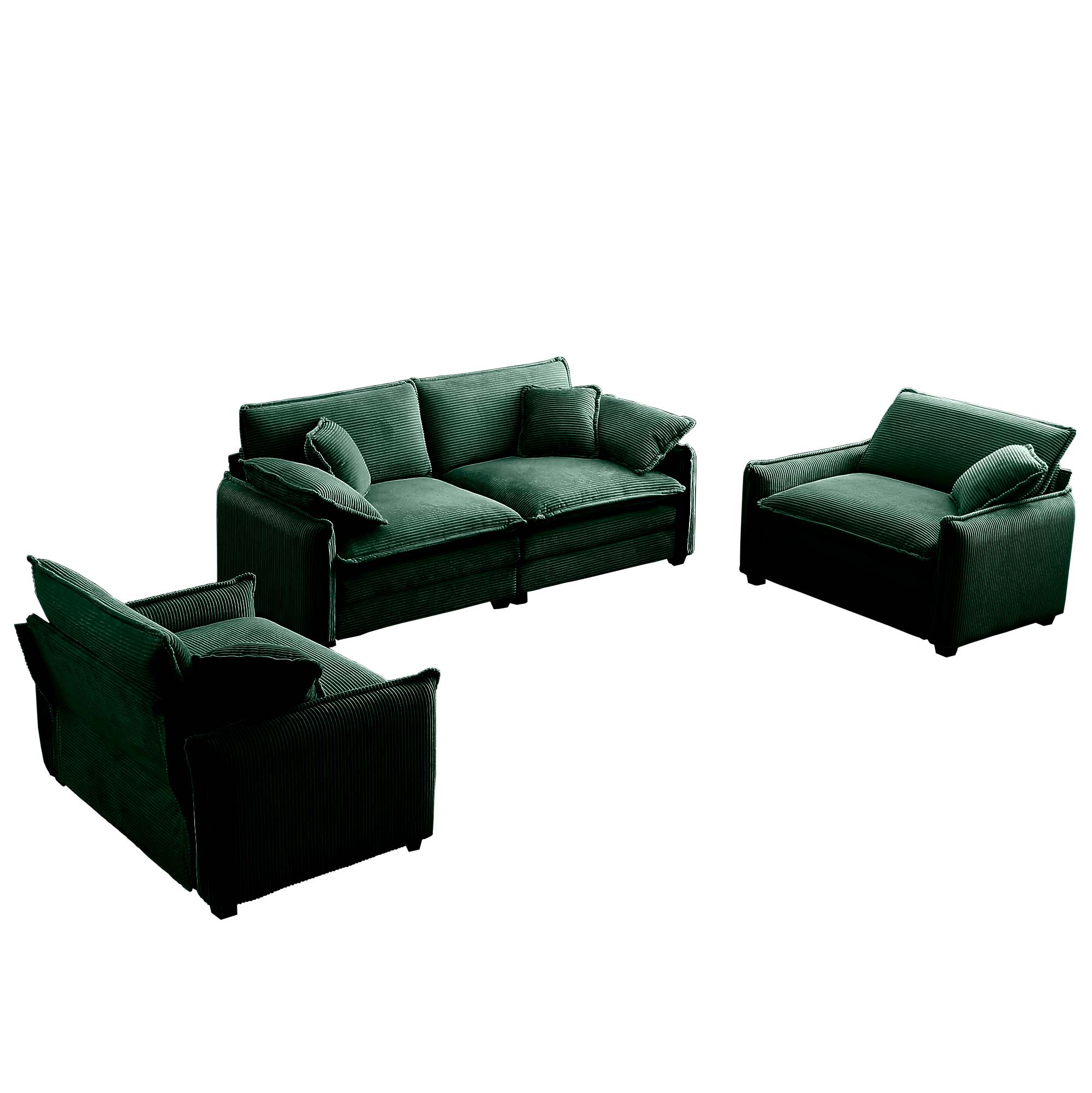 Luxurious and Sophisticated Sofa Set with Soft Cushions and Pillows, Sofa Set for Living Rooms and Clubs as well as Home Theaters, Consisting of Two Single Sofas and a 2-Seaters  Sofas inGreen Corduro