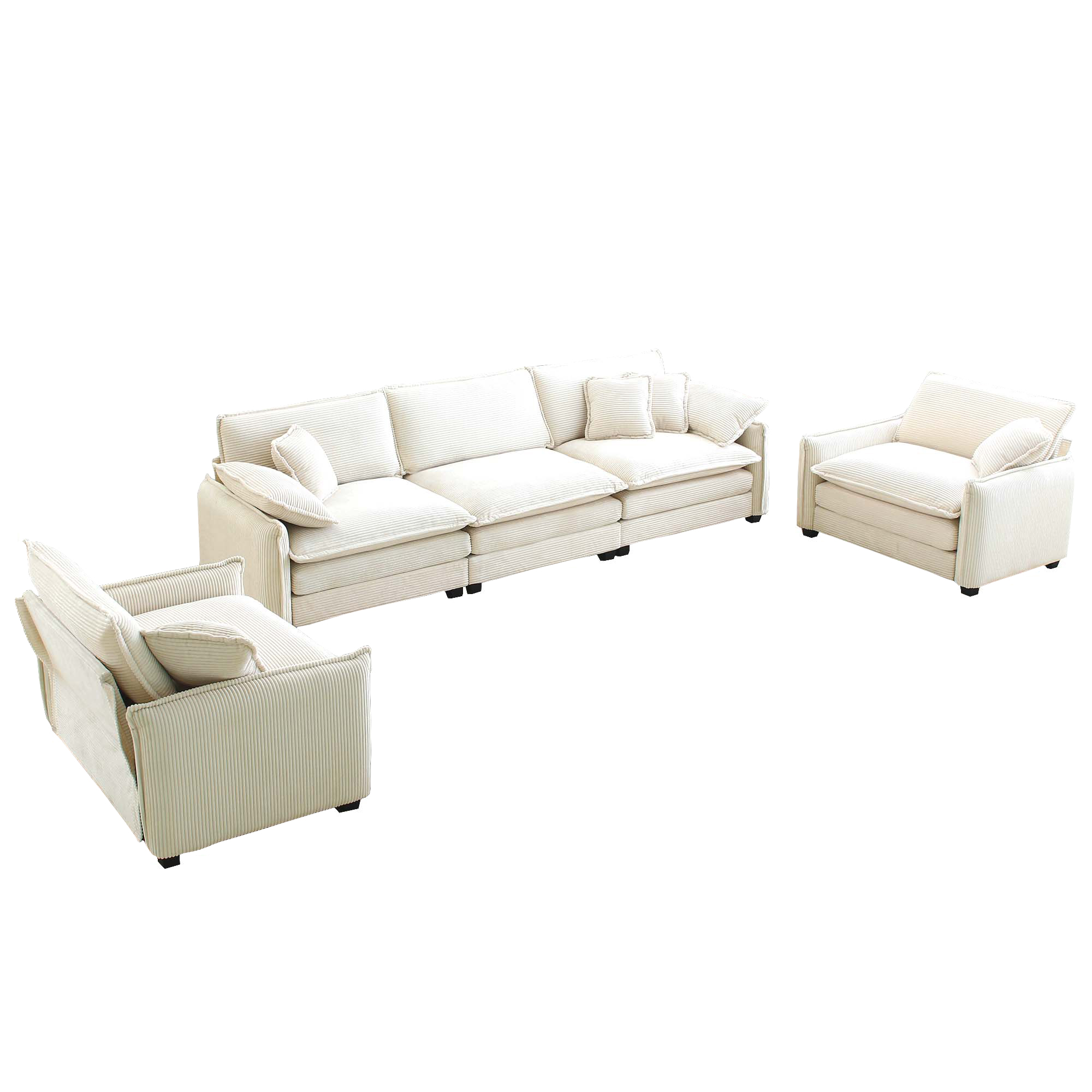 Warm and Cozy Sofa Set with Soft Cushions and Pillows, Home Theater Style Sofa Set Consisting of a 3-Seater Sofa and Two Single Sofas in Beige Corduroy Fabric