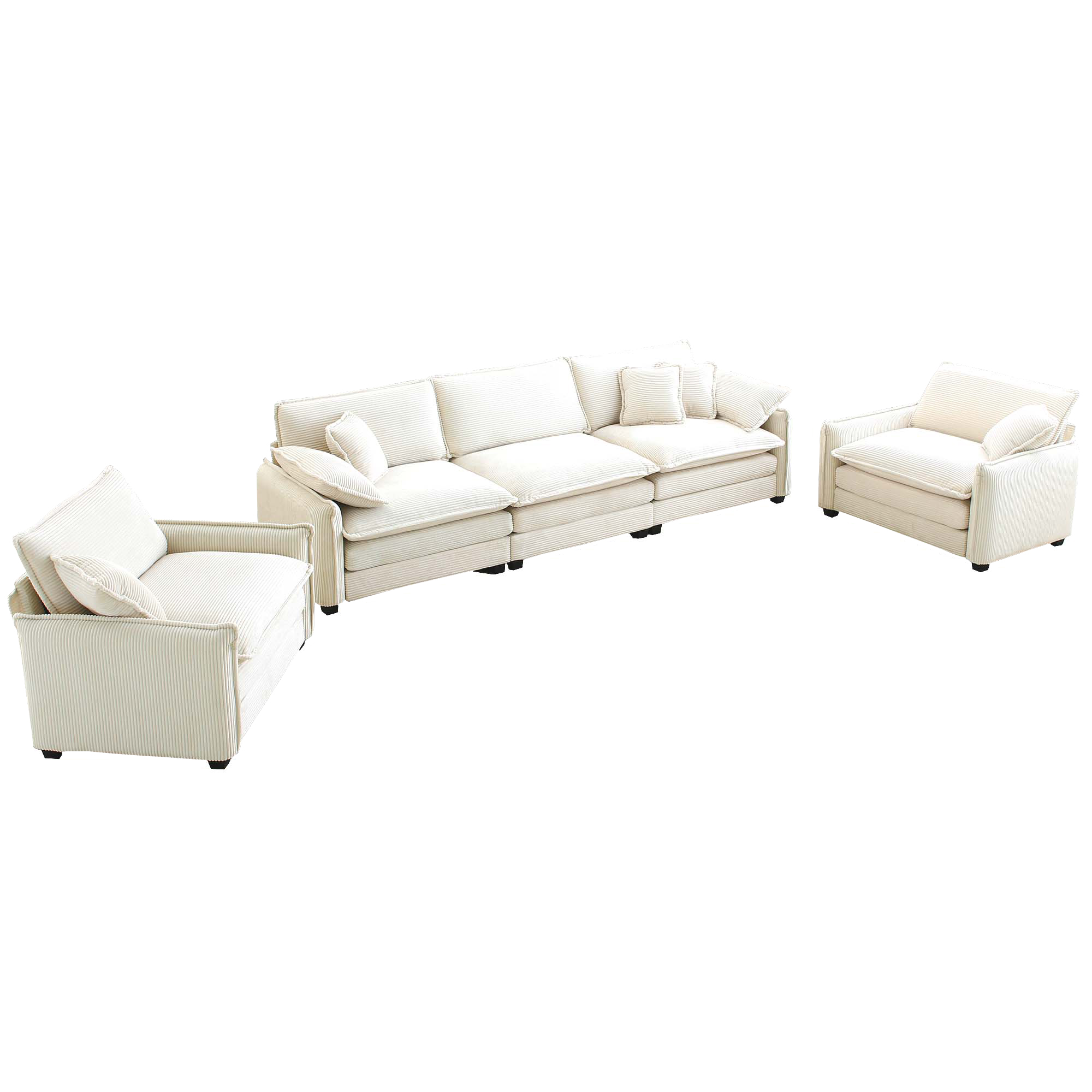 Warm and Cozy Sofa Set with Soft Cushions and Pillows, Home Theater Style Sofa Set Consisting of a 3-Seater Sofa and Two Single Sofas in Beige Corduroy Fabric