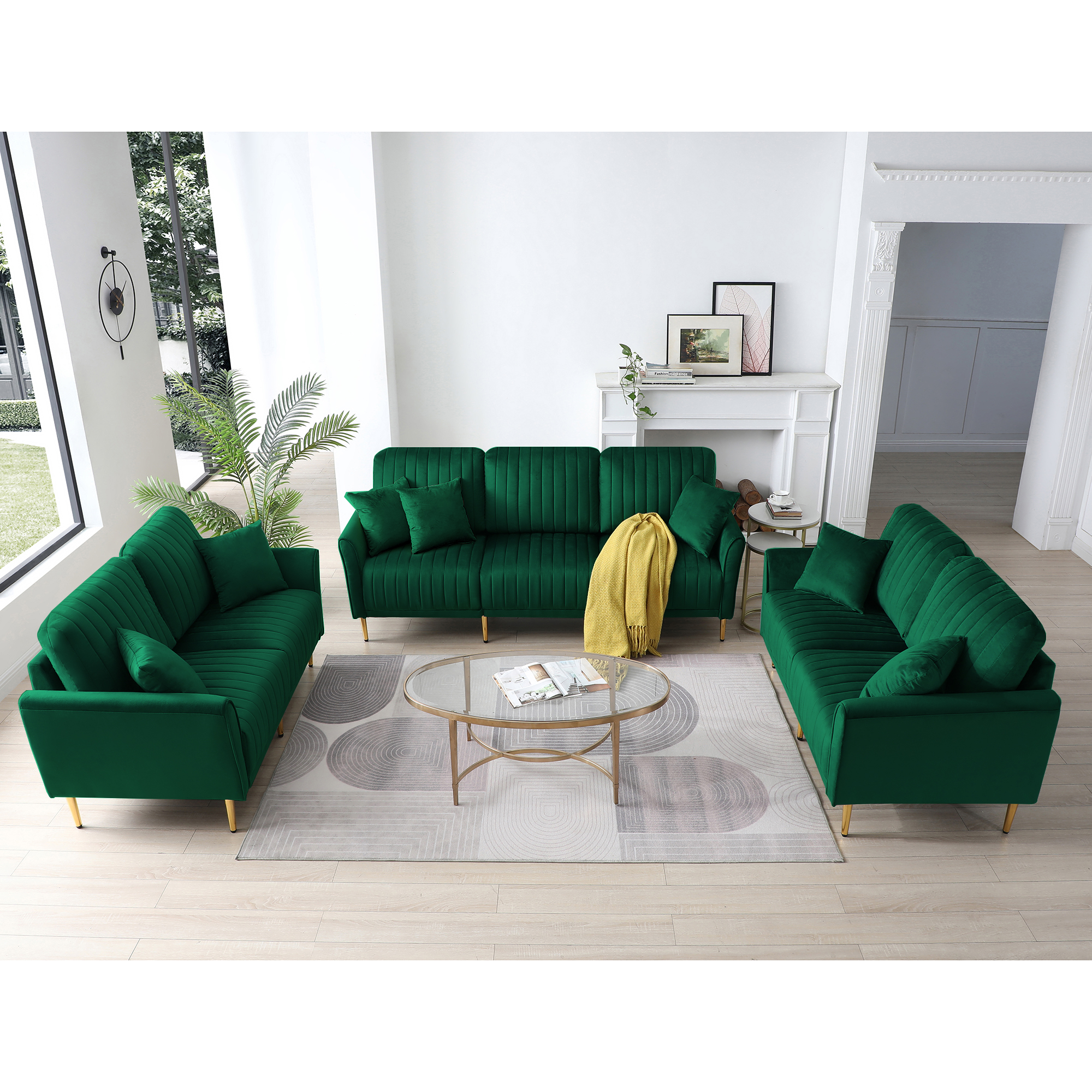 Sofa Sets for Living Room 3 Piece Mid Century Modern Sectional Couch Set, 2 Upholstered Loveseat Sofas and one 3-Seat Sofa (3, Green Velvet)