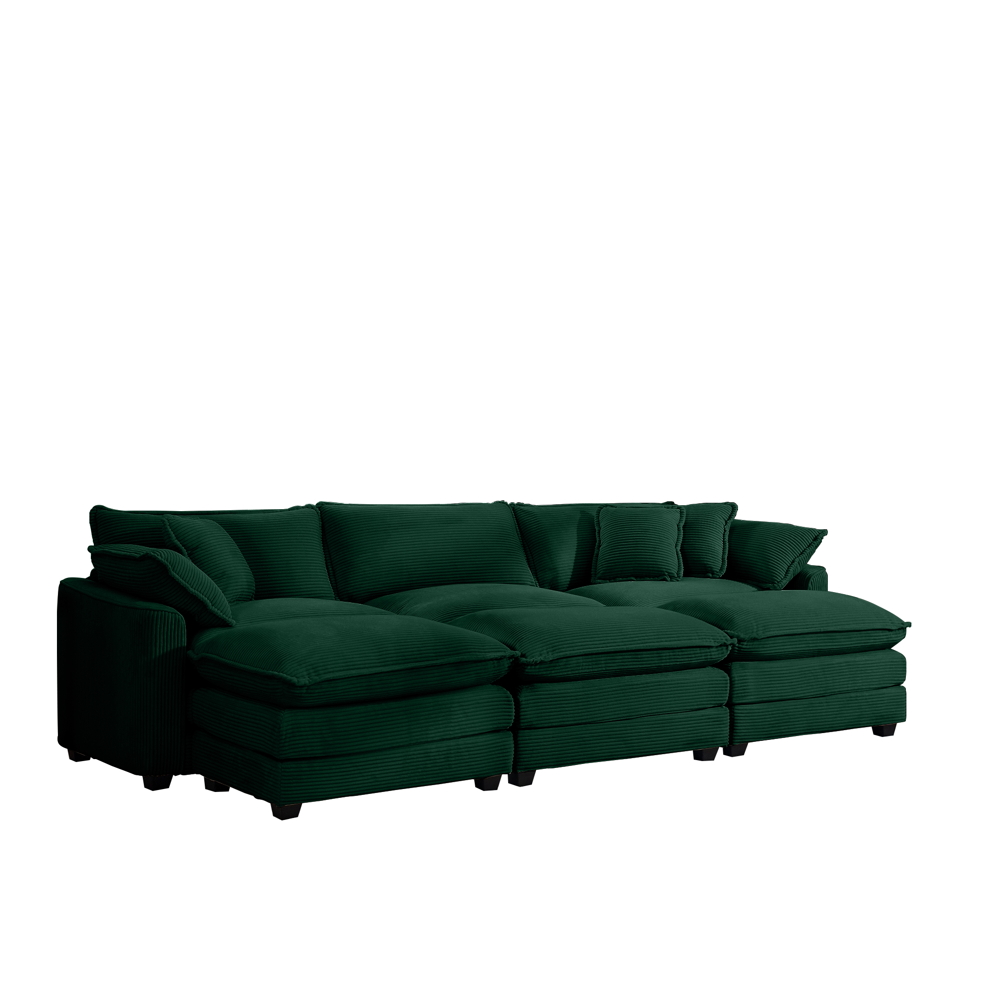 Oversized Modular Cushion Sofa, Portable Ottoman, L-Shaped Corner Low Back Deep Seating Spacious Sofa Setfor Home Apartment Living Room Set, Green Corduroy