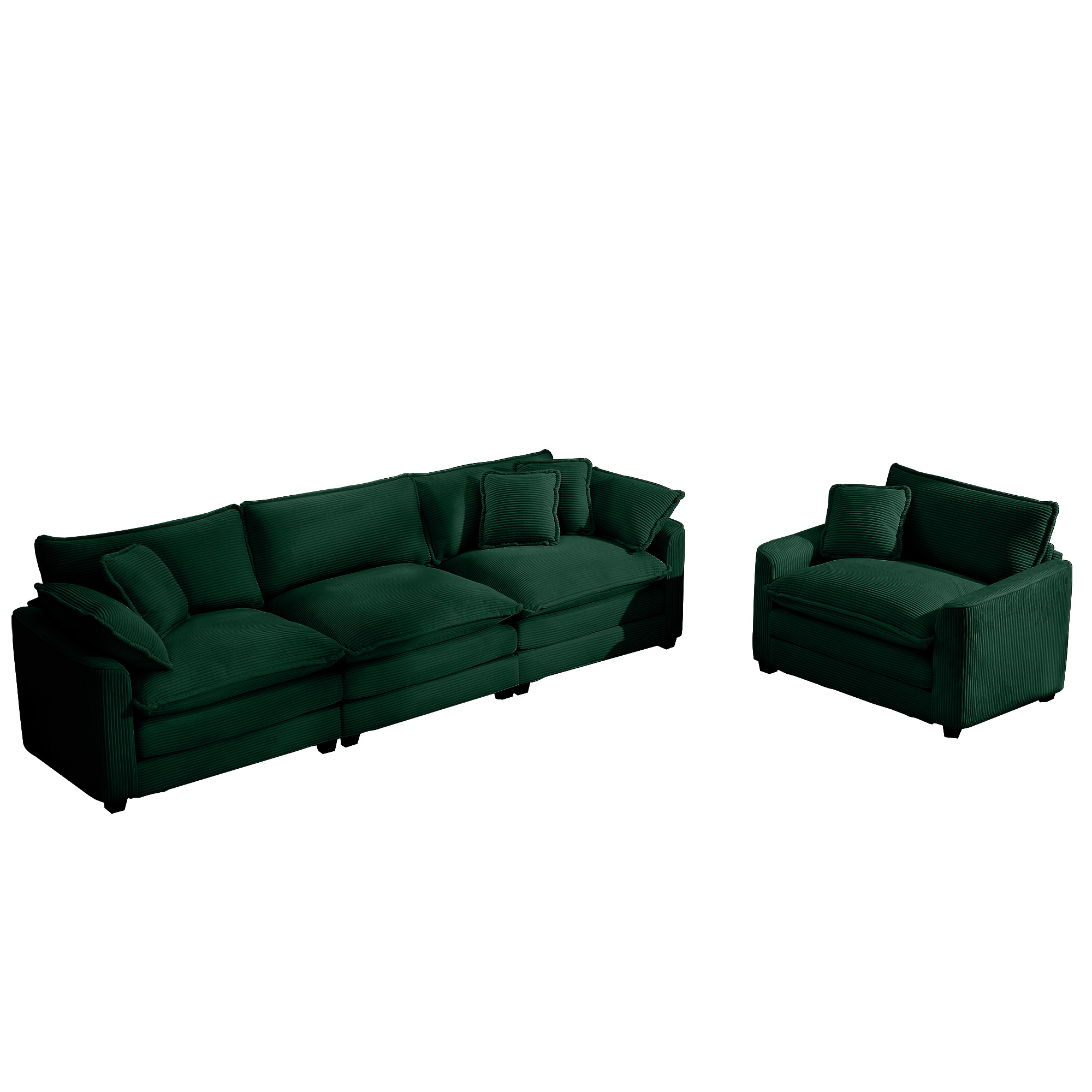 Mid-Century Modern Sectional Set of Two, One 3-Seater Sectional and One Single-Seater Sectional with 2 Arm Pillows and 4 Throw Pillows, Living Room Sectional Green Corduroy Fabric