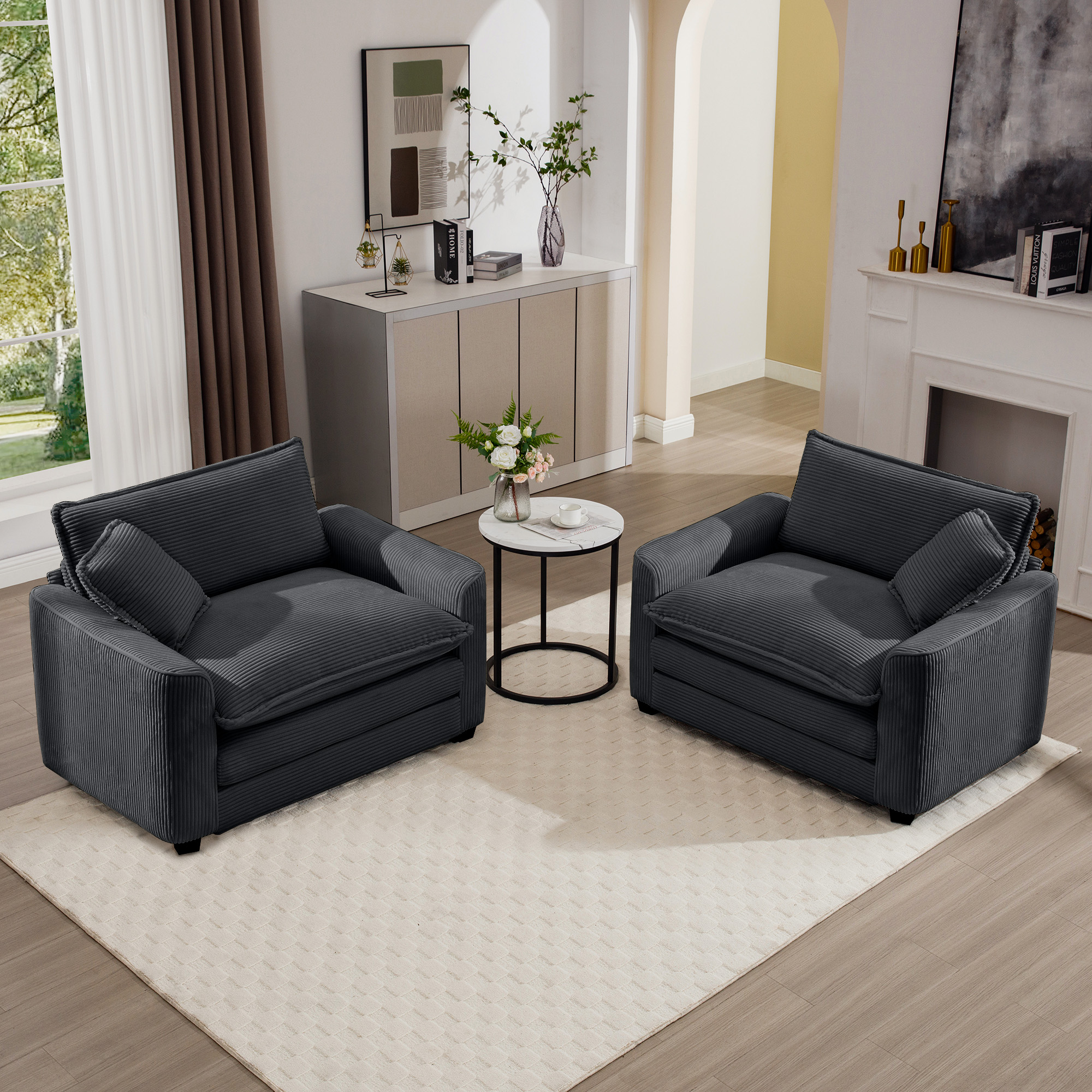 Luxurious and Sophisticated Deep Seated Sofa Set with Two Single Chairs in Grey Corduroy Fabric, Suitable for Bedroom and Office