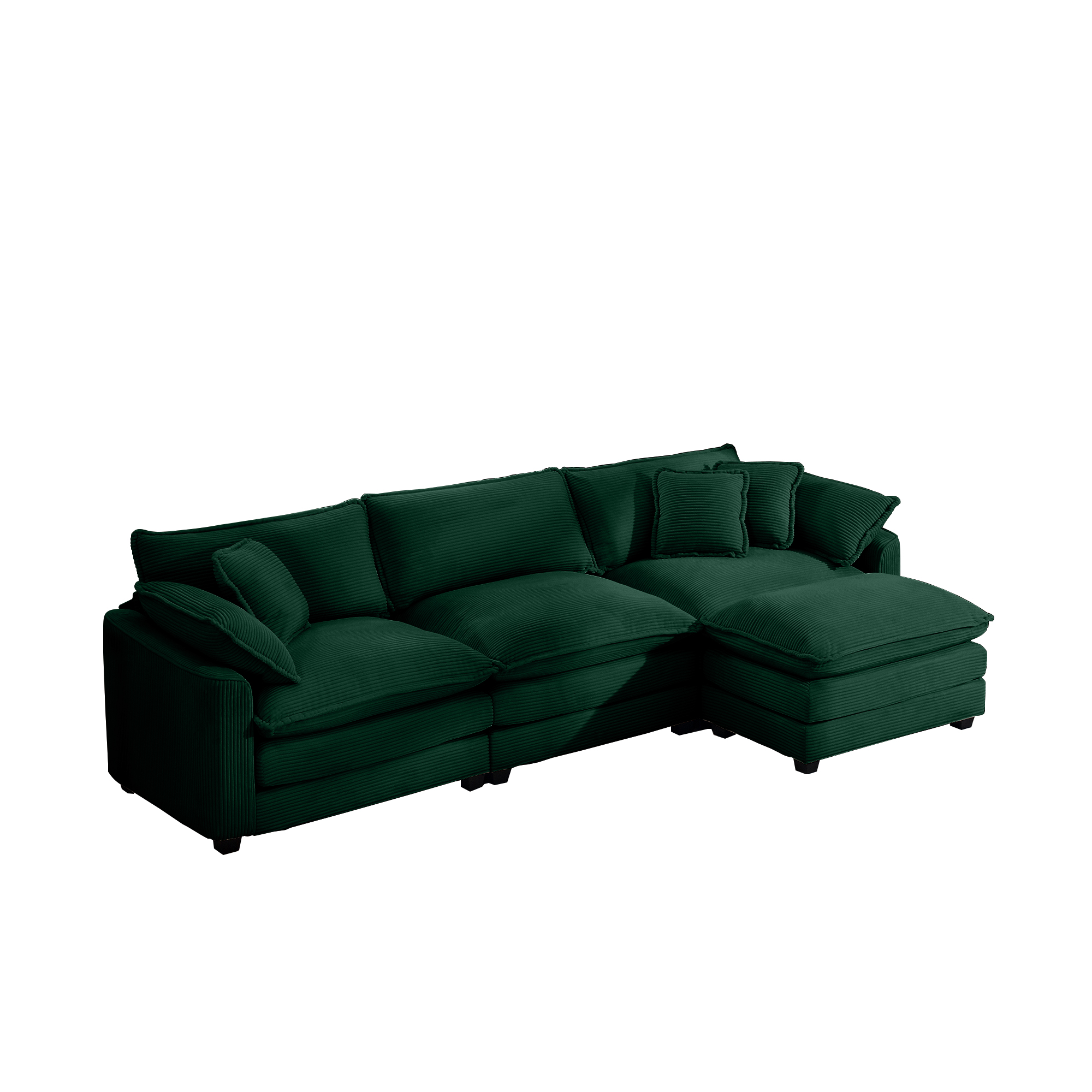 Corduroy 3-seater sofa with 1 footrest, L-shaped double sofa with ottoman for small living rooms, Green corduroy sofa