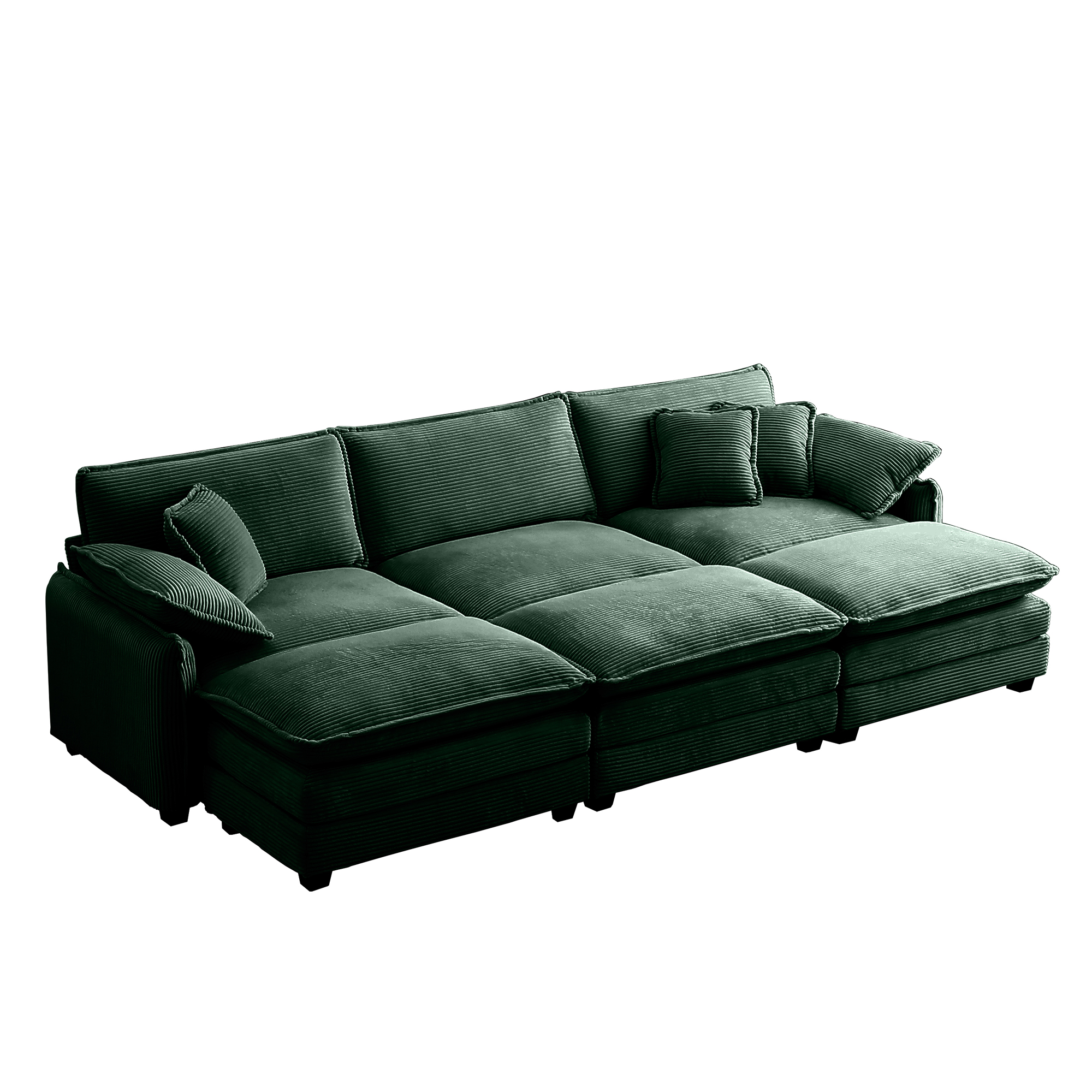 Oversized modular cushioned sofa,with 3 ottomans to work as sleeper sofa beds, 3-seater sofa with 3 footstools,Green corduroy fabric