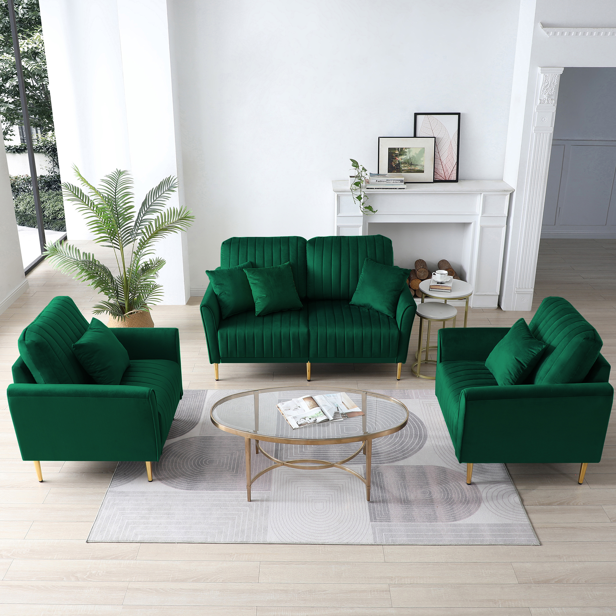 3 Pieces Sectional Sofa Set for Living Room, Velvet Tufted Couch Sofa Armchair with Metal Legs, 2 Piece Single Chair + 2-Seater Sofa, Furniture Set, Green