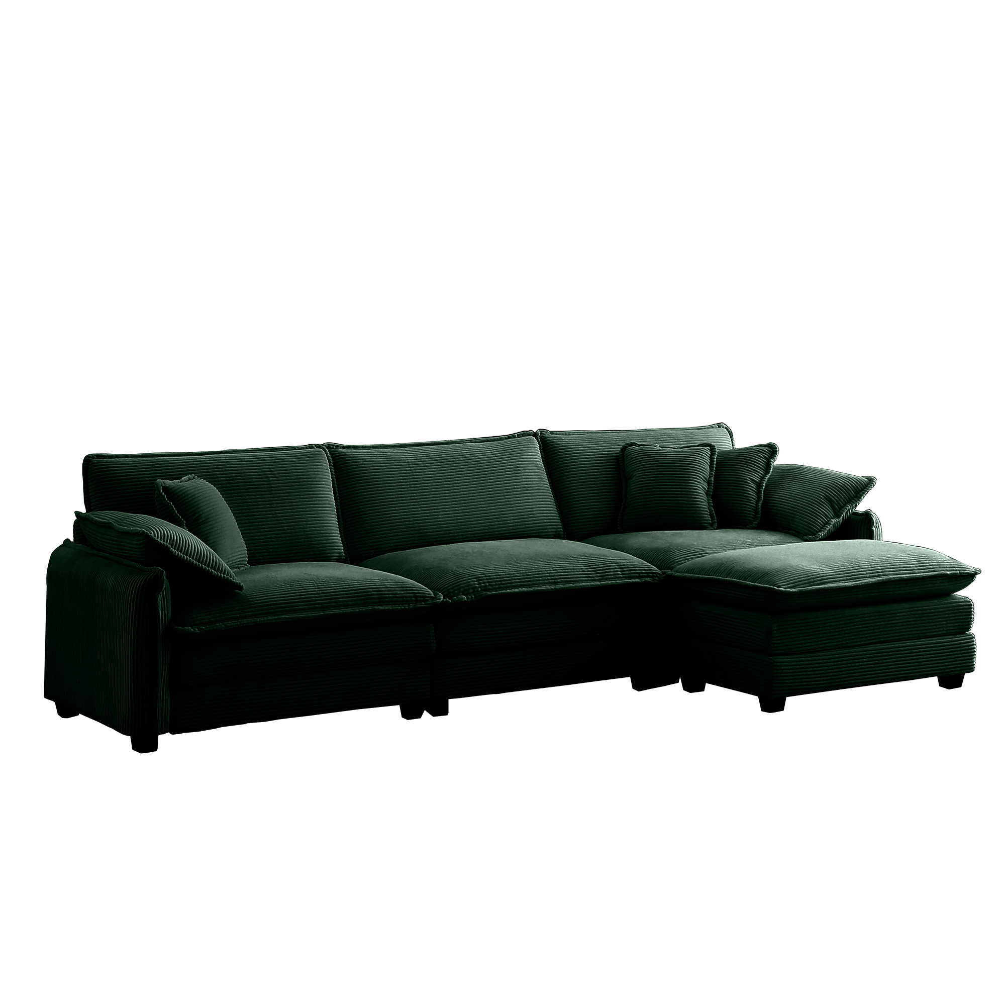 Oversize 3-seater sofa with One footrest, L-shaped Sectional sofa with ottoman for living rooms,Green corduroy sofa