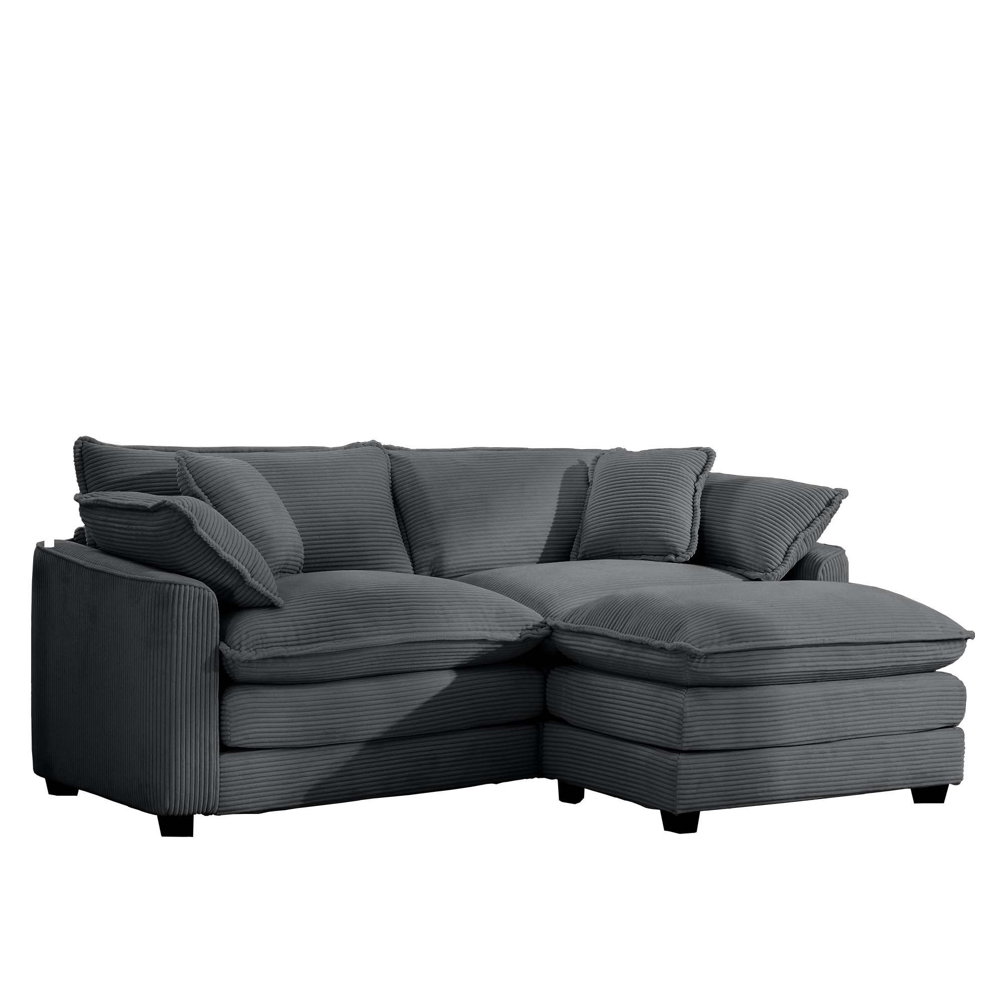 Corduroy Two-Seater Sofa  with 1 Footrest, L-Shaped 2-Seater Sofa with Ottoman for Small Living Spaces, Grey Corduroy Sofa