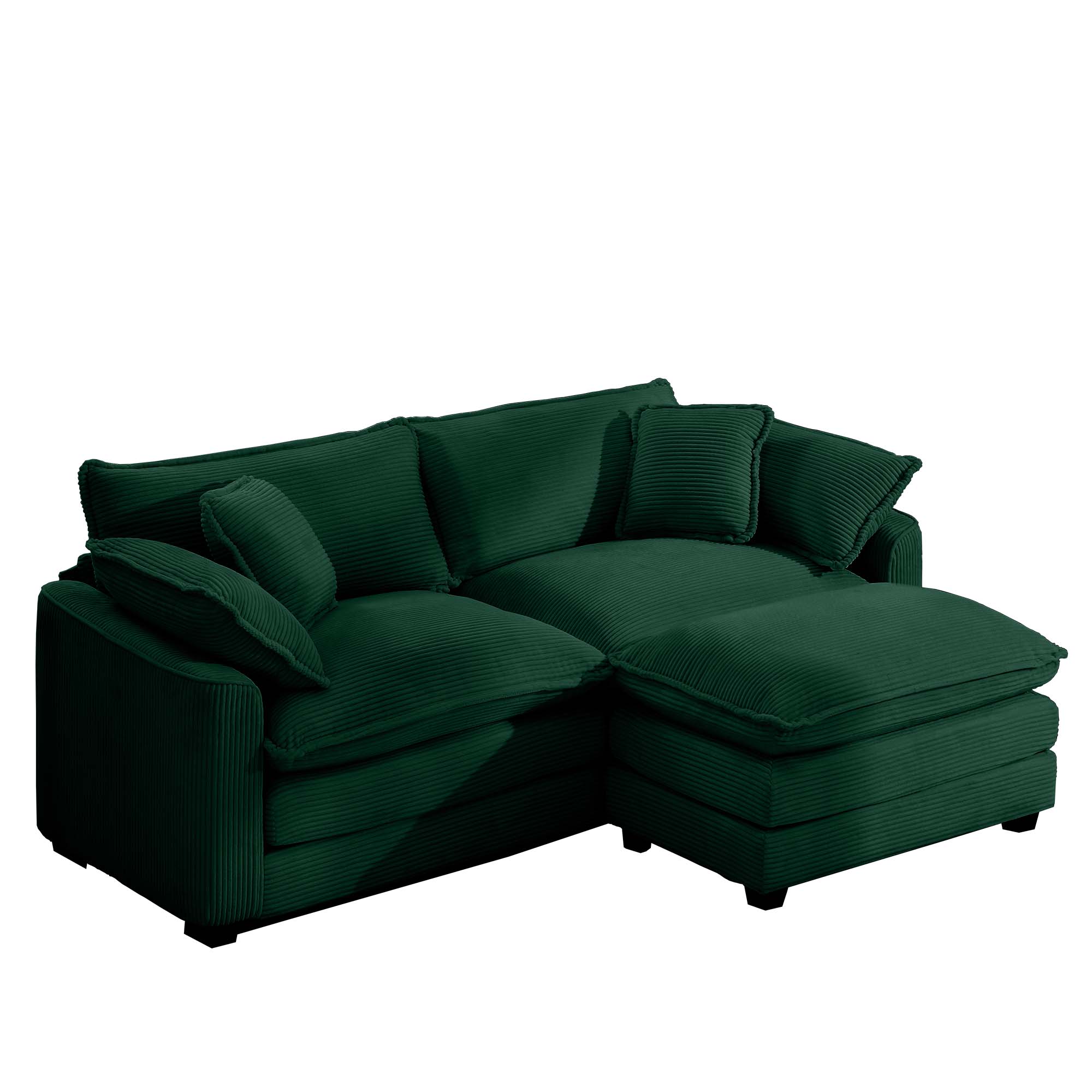 Corduroy Two-Seater Sofa  with 1 Footrest, L-Shaped 2-Seater Sofa with Ottoman for Small Living Spaces, Green Corduroy Sofa