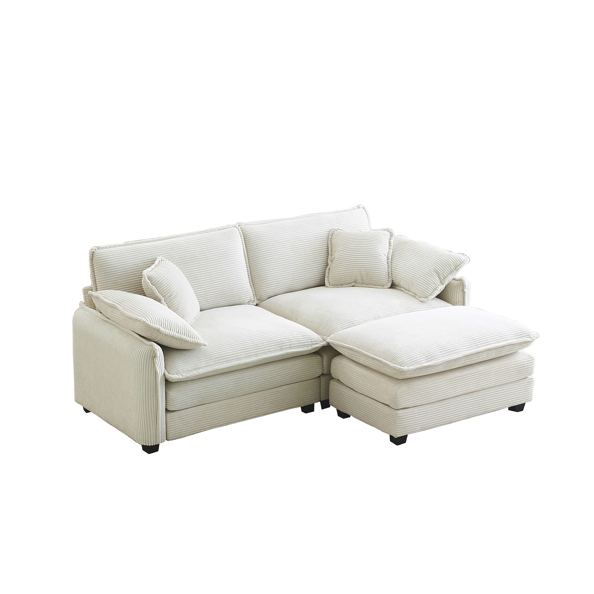 Two-Seater Sofa  with One Footrest, L-Shaped 2-Seater Sofa with Ottoman for Small Living Spaces, Beige Corduroy