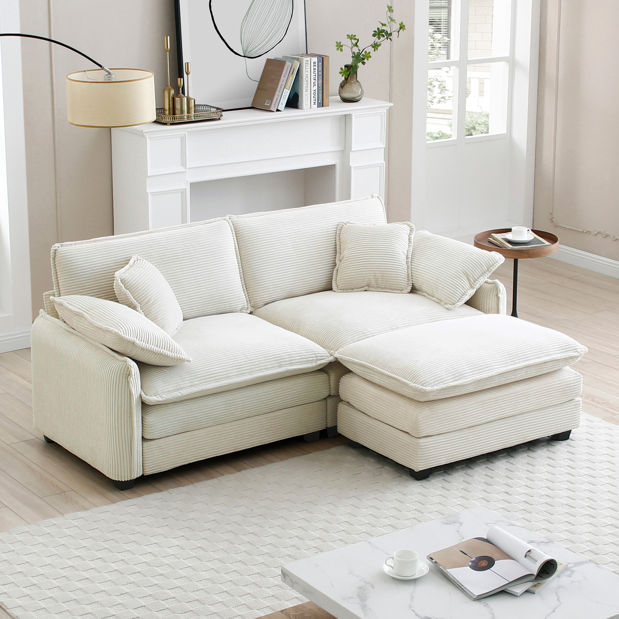 Two-Seater Sofa  with One Footrest, L-Shaped 2-Seater Sofa with Ottoman for Small Living Spaces, Beige Corduroy