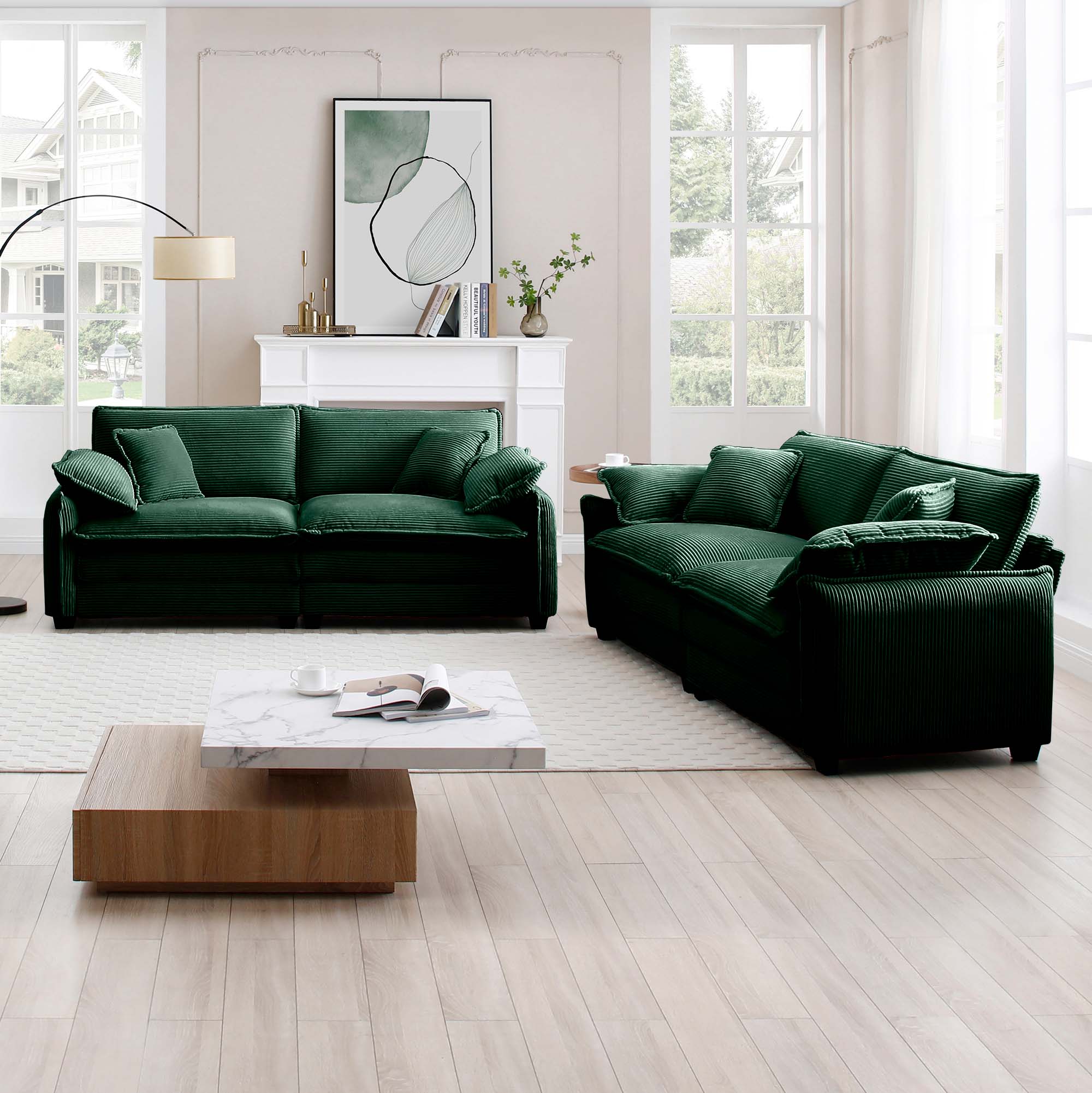 Modern Living Room Sofa Two-Piece Set, Suitable for Living room and Bedroom Sofa Set, Consists of two pieces of 2 Seater Sofa,Green Corduroy