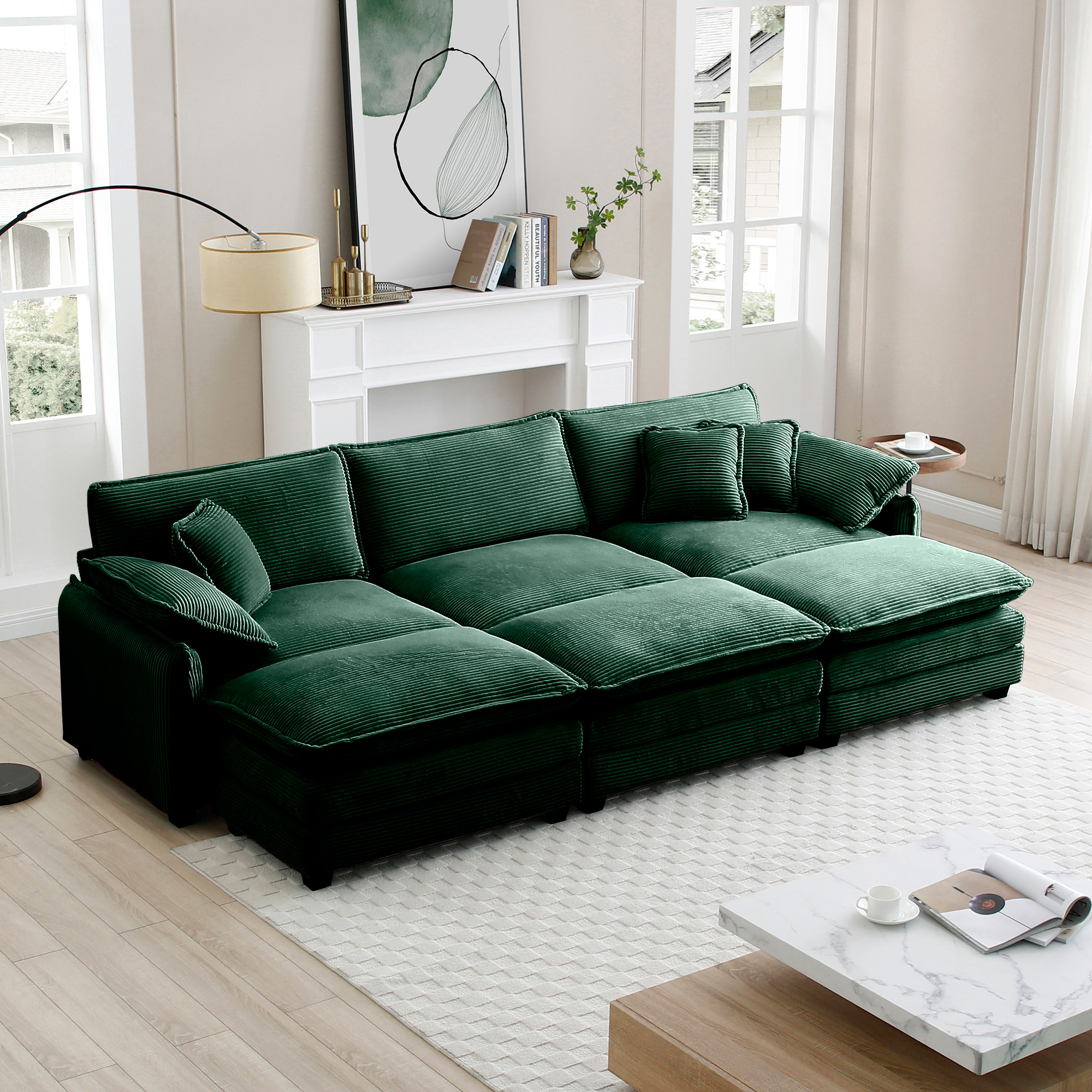 Oversized modular cushioned sofa,with 3 ottomans to work as sleeper sofa beds, 3-seater sofa with 3 footstools,Green corduroy fabric