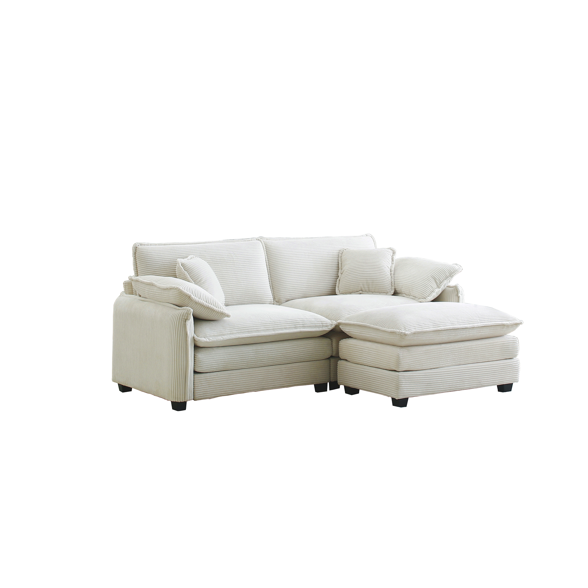 Two-Seater Sofa  with One Footrest, L-Shaped 2-Seater Sofa with Ottoman for Small Living Spaces, Beige Corduroy