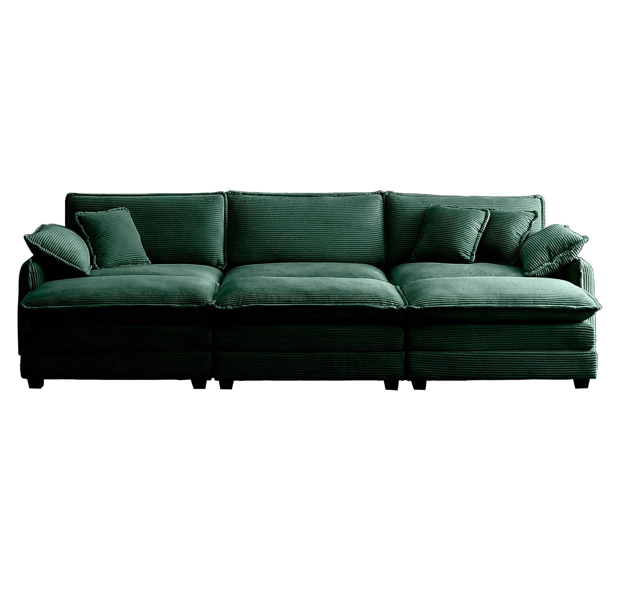 Oversized modular cushioned sofa,with 3 ottomans to work as sleeper sofa beds, 3-seater sofa with 3 footstools,Green corduroy fabric