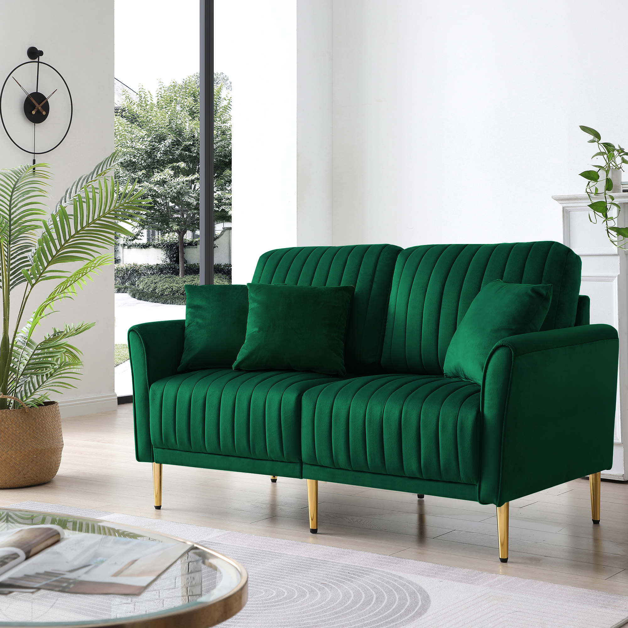 2-Seater Sofa Couch With Channel Tufted on Back and Seat Cushions, Two Throw Pillows, Velvet Green