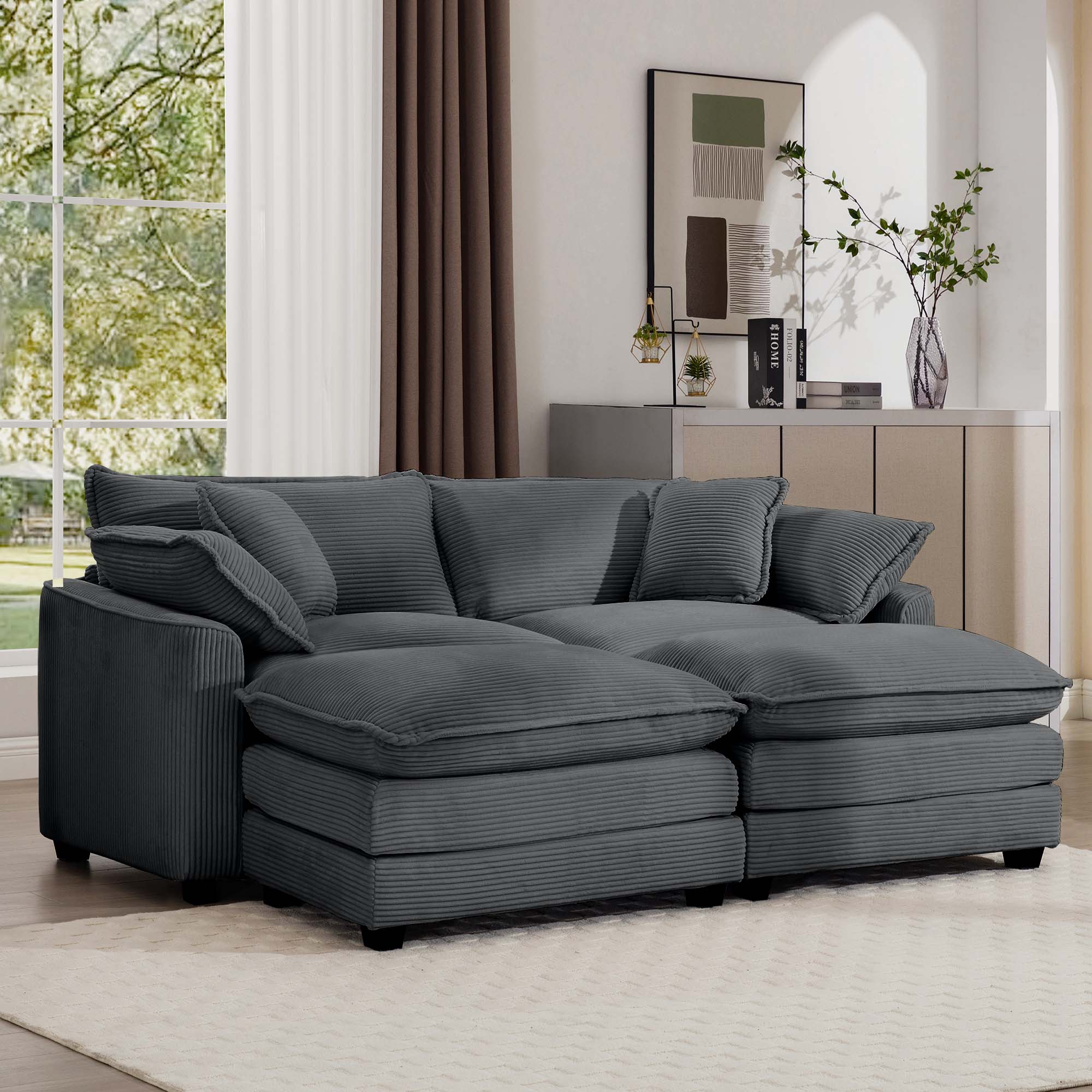 Corduroy Two-Seater Sofa  with 2 Footrest, 2-Seater Sofa with Ottoman for Small Living Spaces, Grey Corduroy Sofa