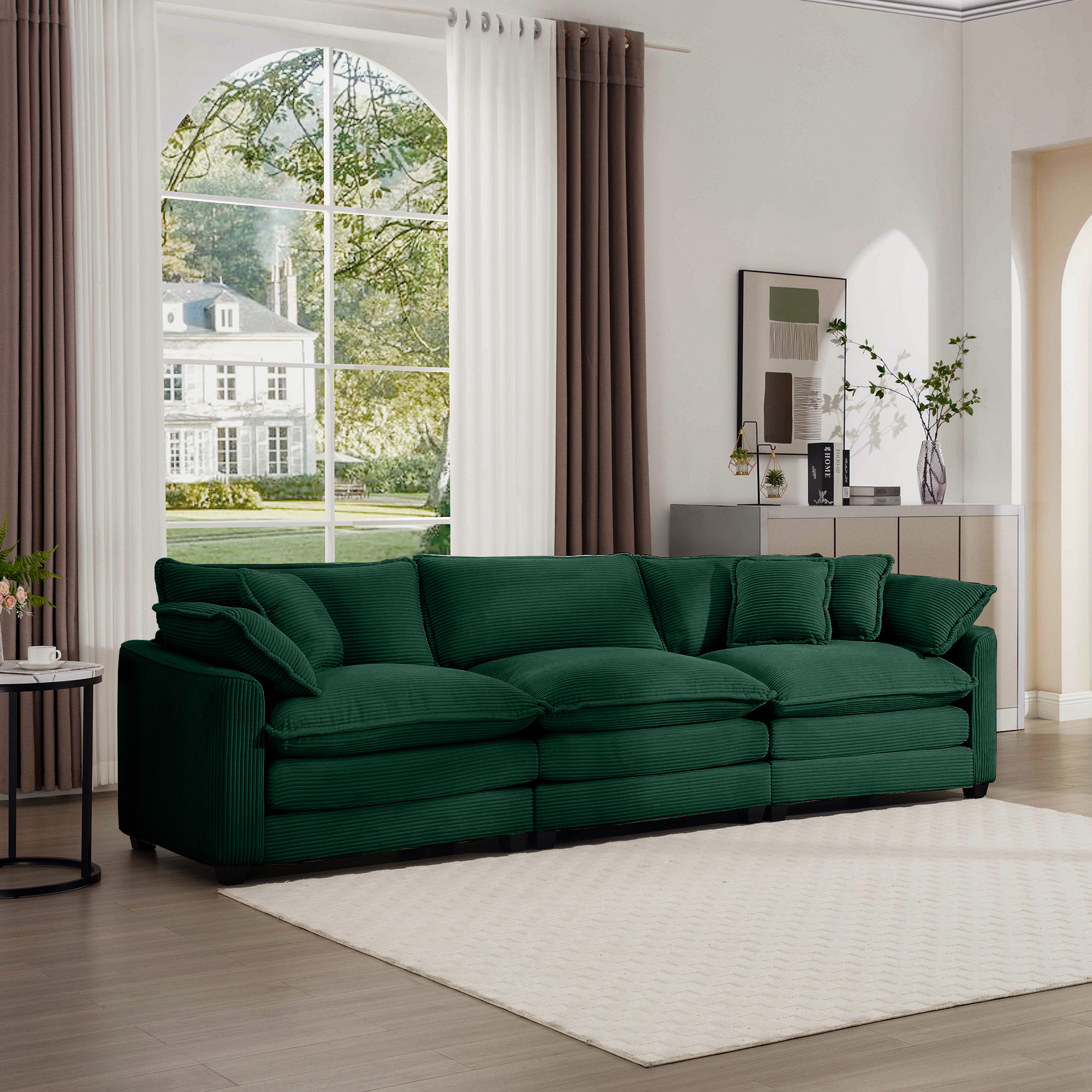 Mid-Century Modern Sectional Sofa 3-Seater Sectional Sofa with 2 Arm Pillows and 3 Pillows, Living Room Sectional Green Corduroy Fabric