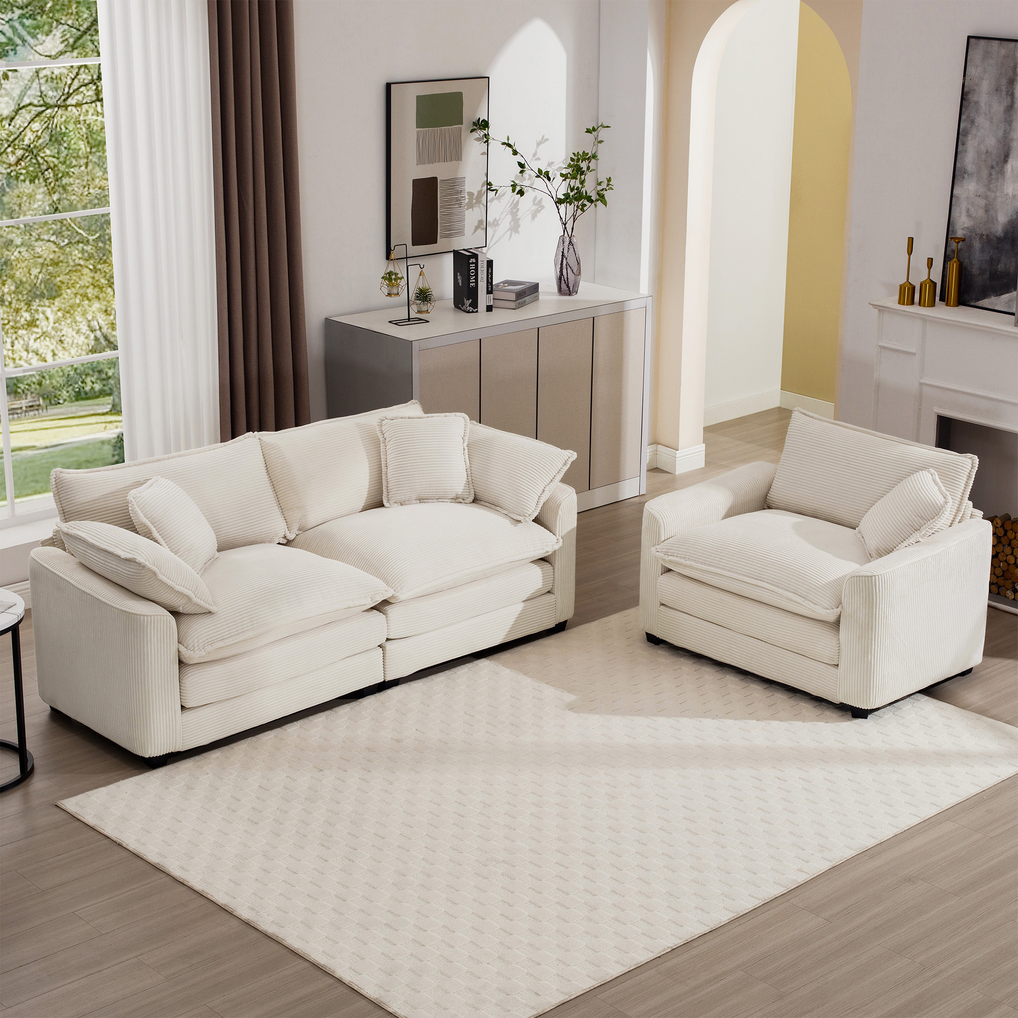 Modern Living Room Sofa Two-Piece Set, Suitable for Living room , Set of 2 Sofa Set with a Single Sofa and a 2 Seater Sofa,Light Beige Corduroy