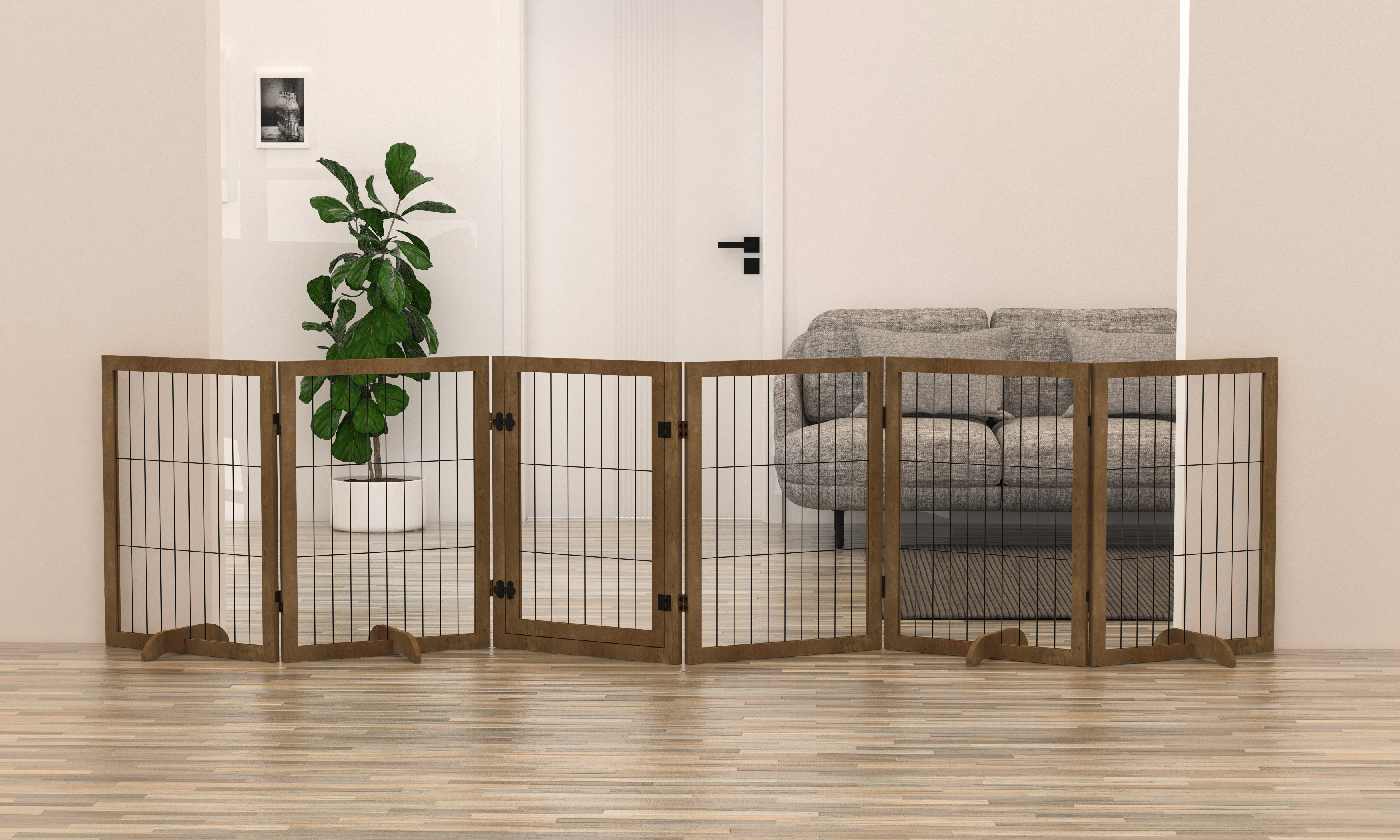 Dog Gate with Door Pet Dog Fence Barrier 6 Panels 144-inch Wide 32-inch Tall Foldable Multiple Shapes Freestanding with Support Feet Indoor Use for House Doorway Stairs Plant Stand