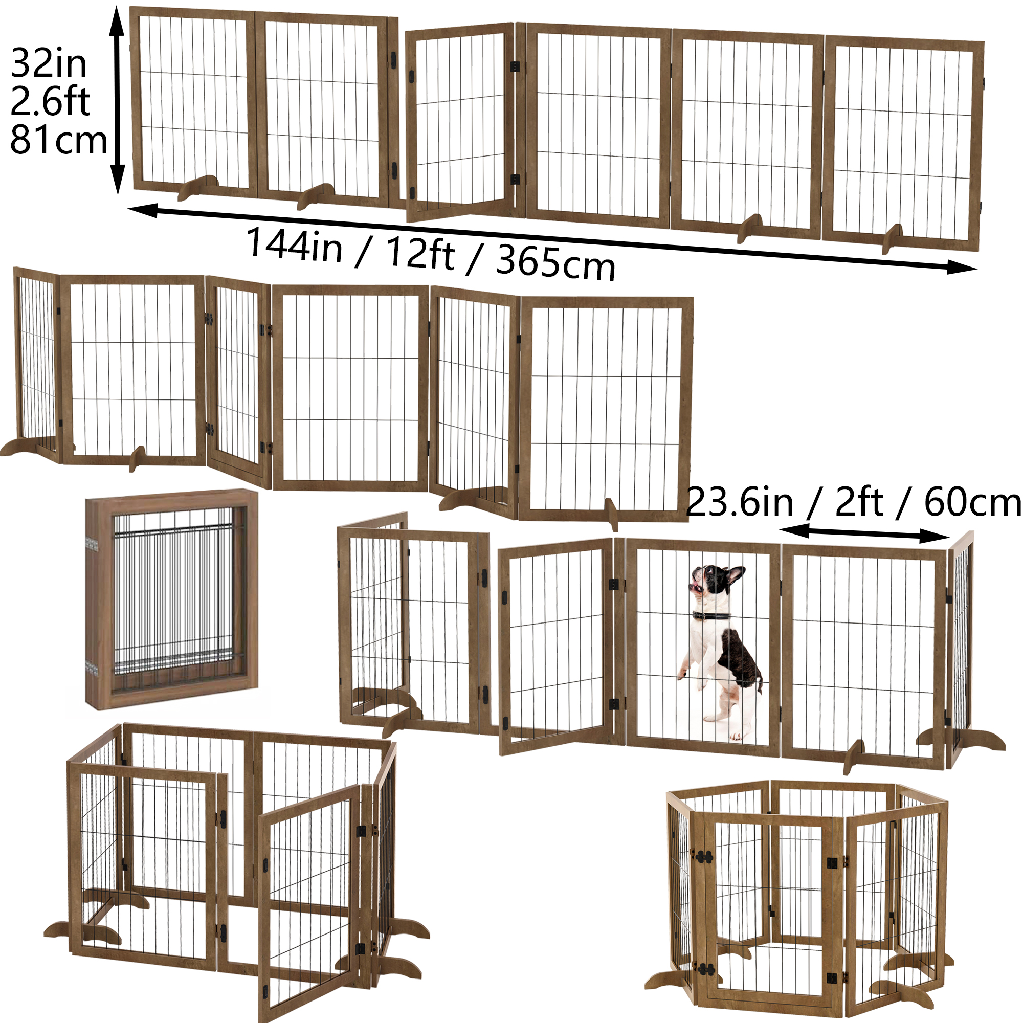 Dog Gate with Door Pet Dog Fence Barrier 6 Panels 144-inch Wide 32-inch Tall Foldable Multiple Shapes Freestanding with Support Feet Indoor Use for House Doorway Stairs Plant Stand