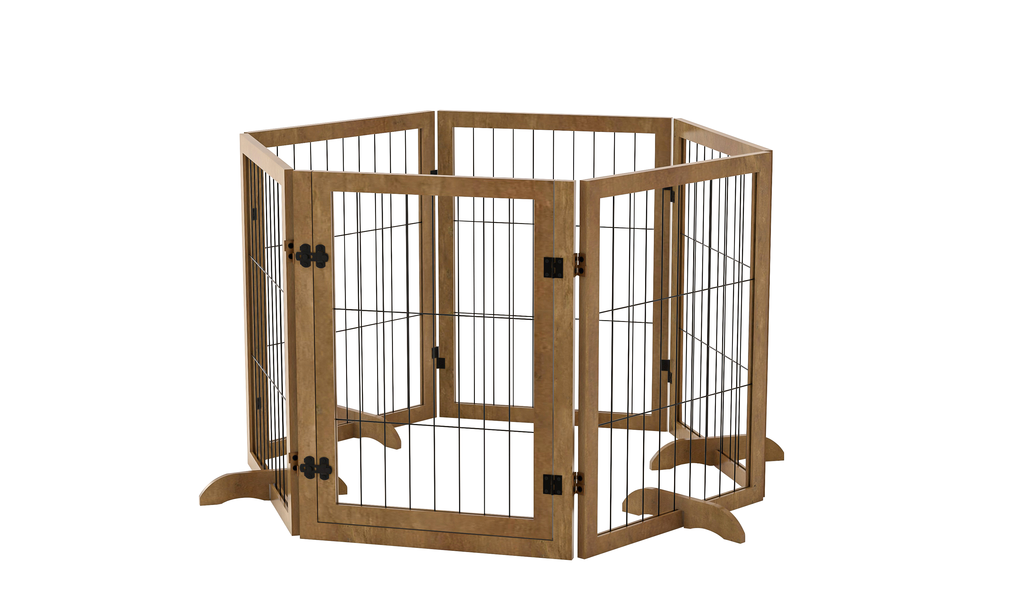 Dog Gate with Door Pet Dog Fence Barrier 6 Panels 144-inch Wide 32-inch Tall Foldable Multiple Shapes Freestanding with Support Feet Indoor Use for House Doorway Stairs Plant Stand