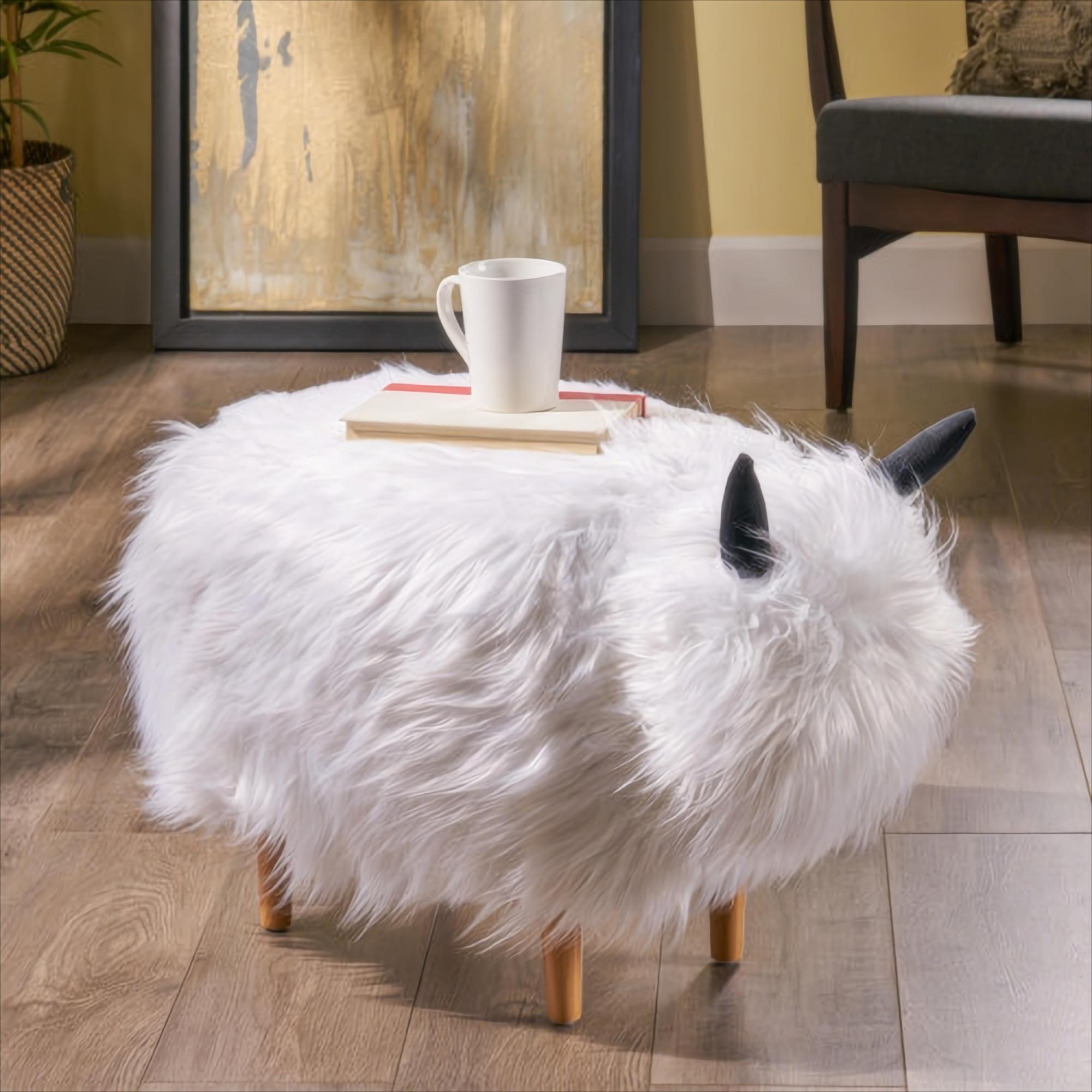 [Ship to Canada Only] Adorable Upholstered White Yak Ottoman, Cute Wood Foot Stool Shoes Changing Seat with Cushioned for Adult Living Room, Bedroom, Nursery Gameroom, Playroom, Porch Furniture