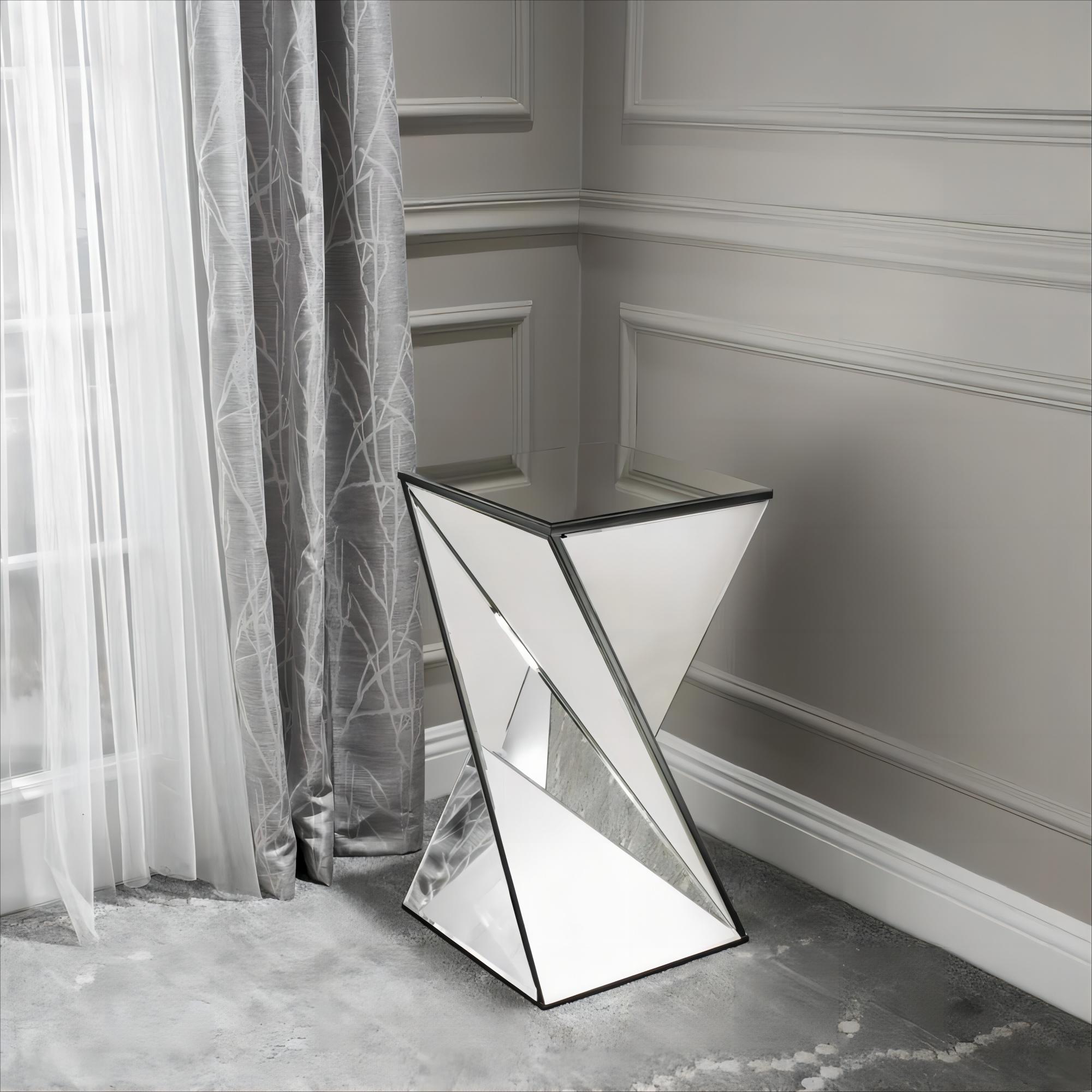 [Ship to Canada Only] Geometrical Mirrored Side Table, Silver, Durable and Clear Design, Modern, Chic for Livingroom, Bedroom, Office 13.75''(L) x 13.75''(W) x 25.6''(H)