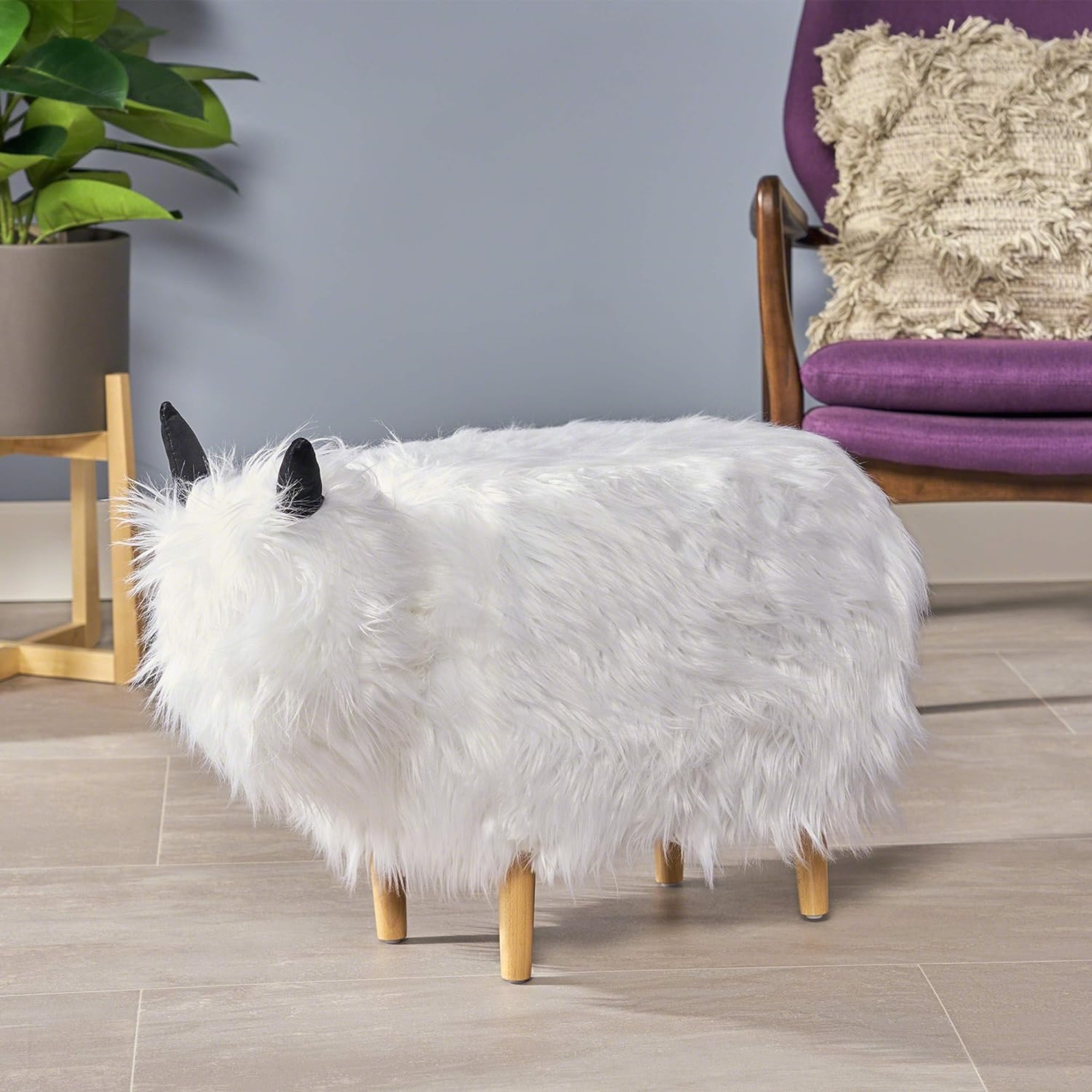 [Ship to Canada Only] Adorable Upholstered White Yak Ottoman, Cute Wood Foot Stool Shoes Changing Seat with Cushioned for Adult Living Room, Bedroom, Nursery Gameroom, Playroom, Porch Furniture