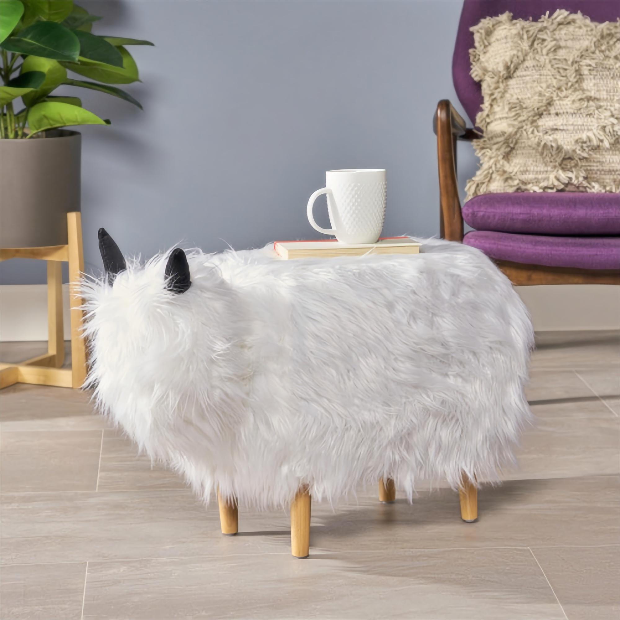 [Ship to Canada Only] Adorable Upholstered White Yak Ottoman, Cute Wood Foot Stool Shoes Changing Seat with Cushioned for Adult Living Room, Bedroom, Nursery Gameroom, Playroom, Porch Furniture