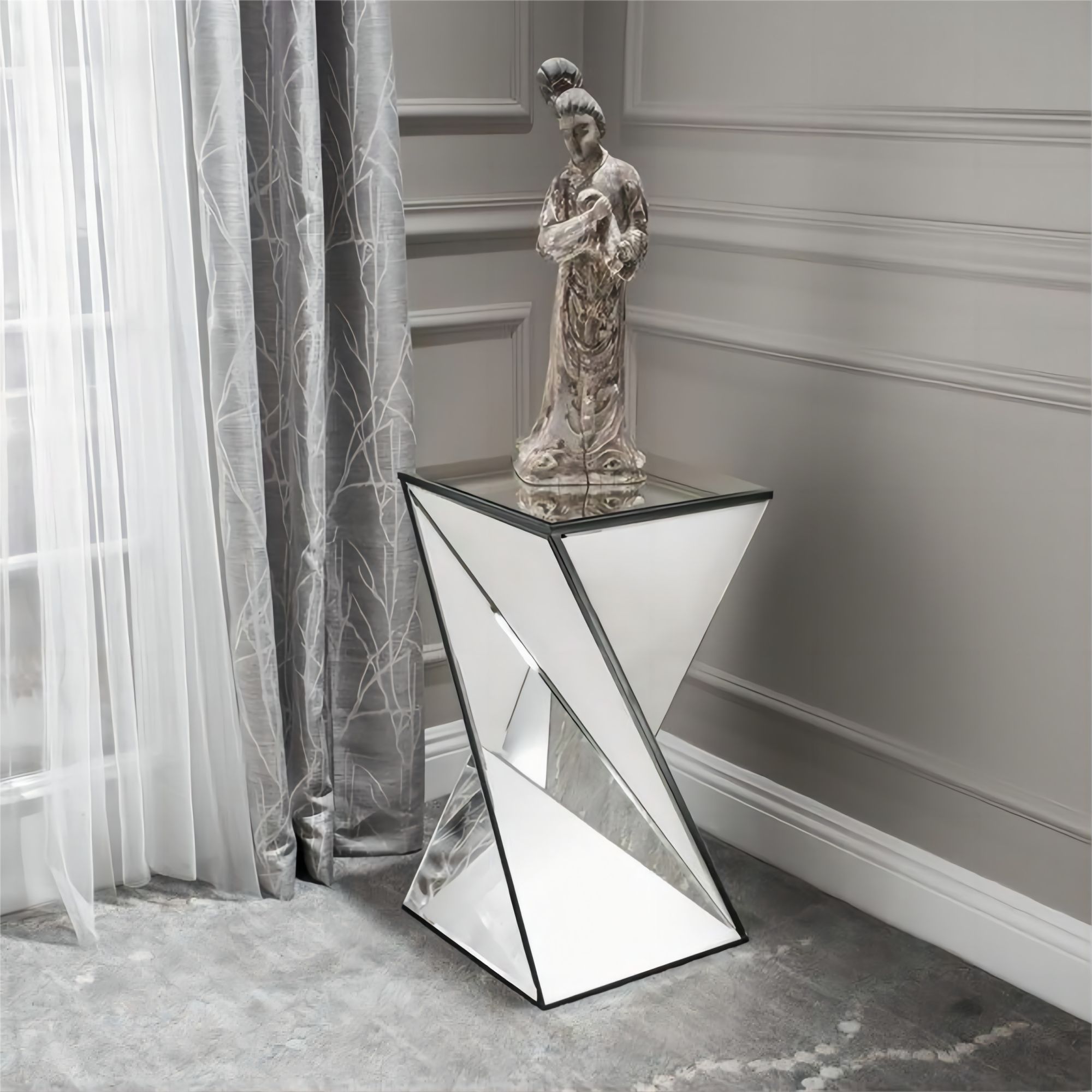 [Ship to Canada Only] Geometrical Mirrored Side Table, Silver, Durable and Clear Design, Modern, Chic for Livingroom, Bedroom, Office 13.75''(L) x 13.75''(W) x 25.6''(H)