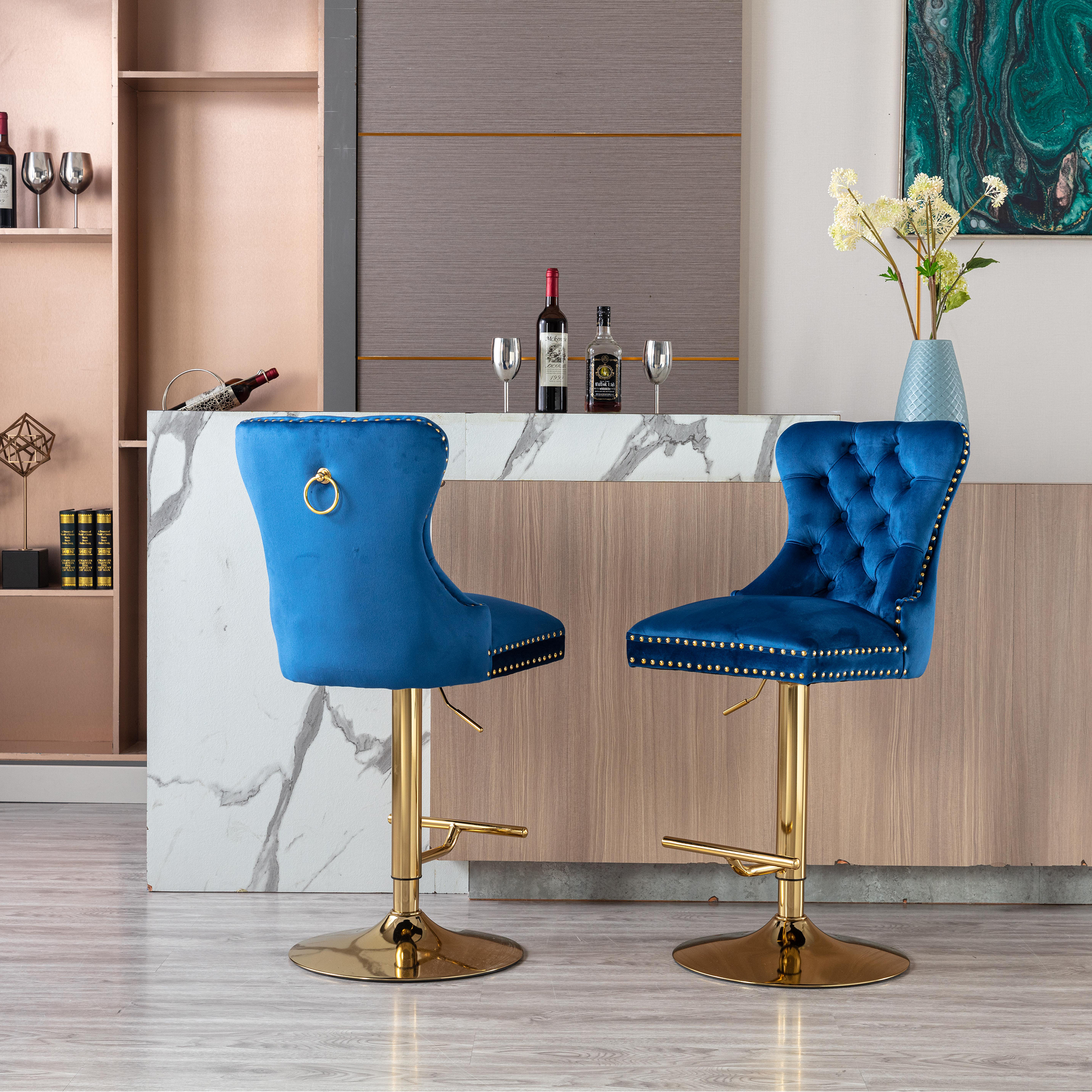 Swivel Bar Stools Chair Set of 2 Modern Adjustable Counter Height Bar Stools Velvet Upholstered Stool with Tufted High Back Ring Pull for Kitchen