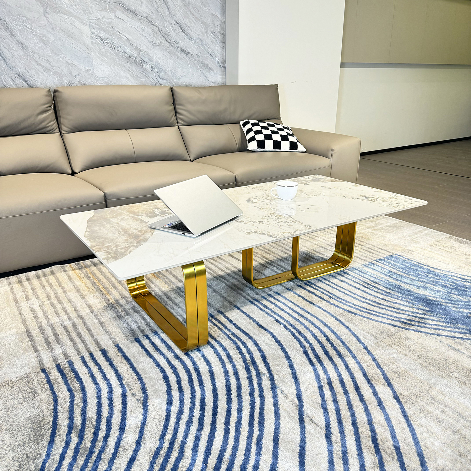 Rectangular coffee table with sintered stone top, gold metal frame, for Bed Room, Living Room