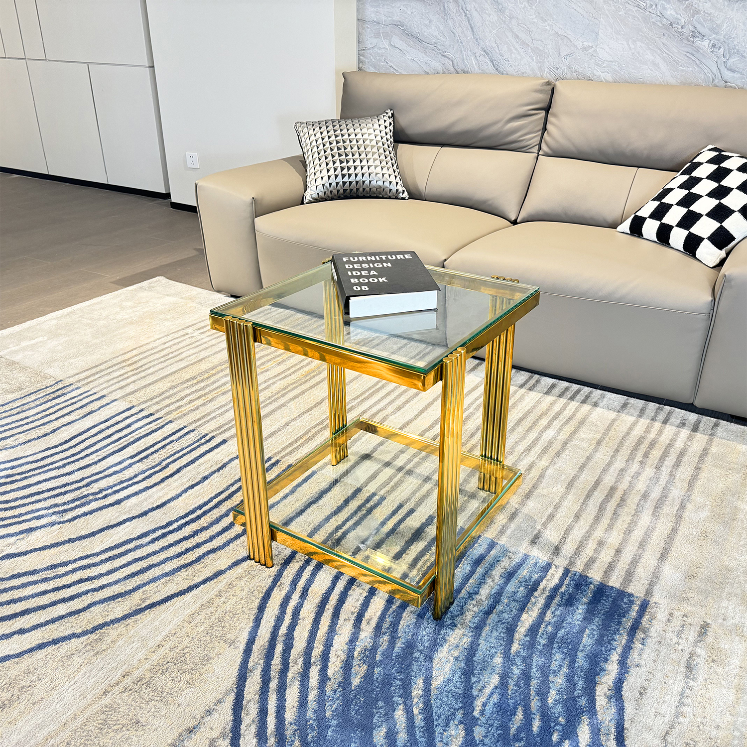 Golden Stainless Steel Double-Layer Clear Tempered Glass End Table  for Bed Room, Living Room