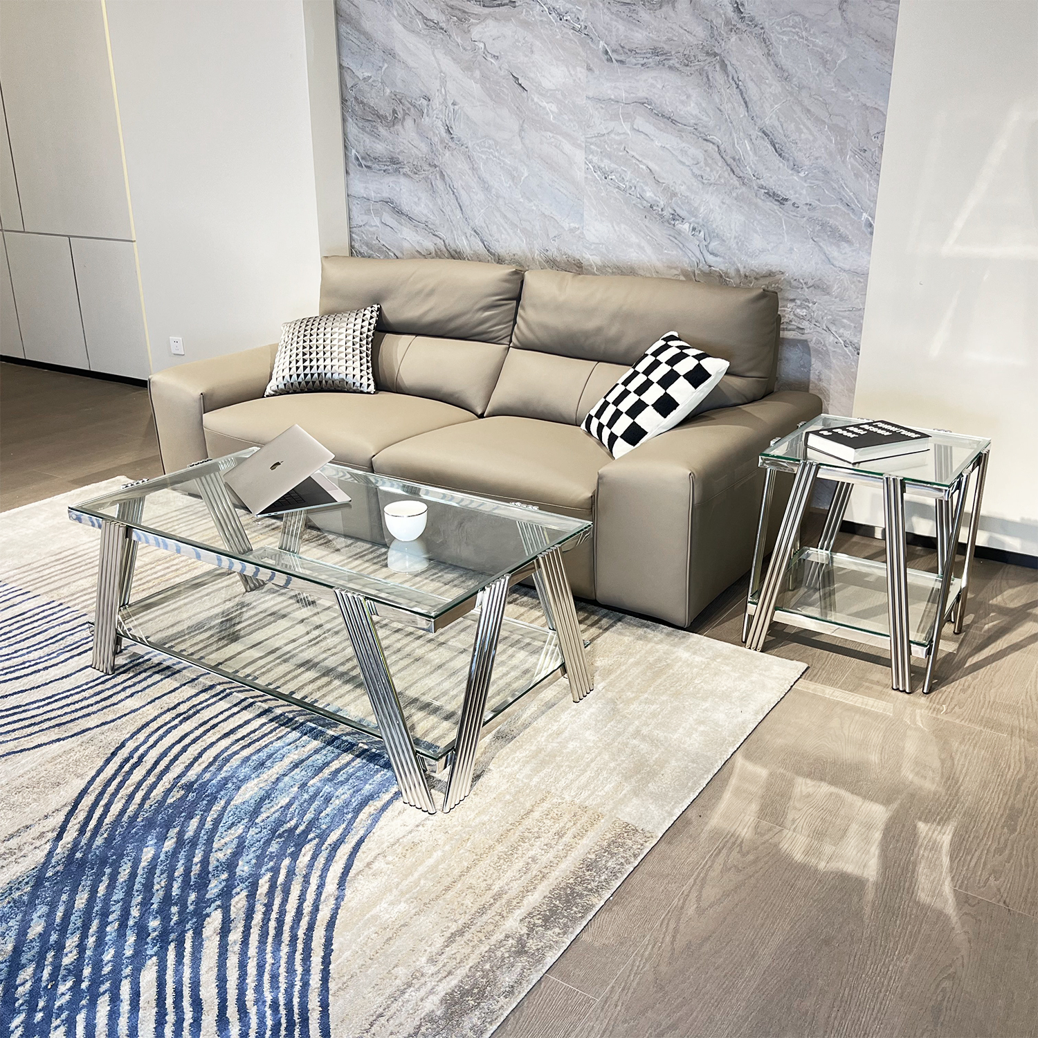 Silver Stainless Steel Double-Layer Clear Tempered Glass Coffee Table for Bed Room, Living Room