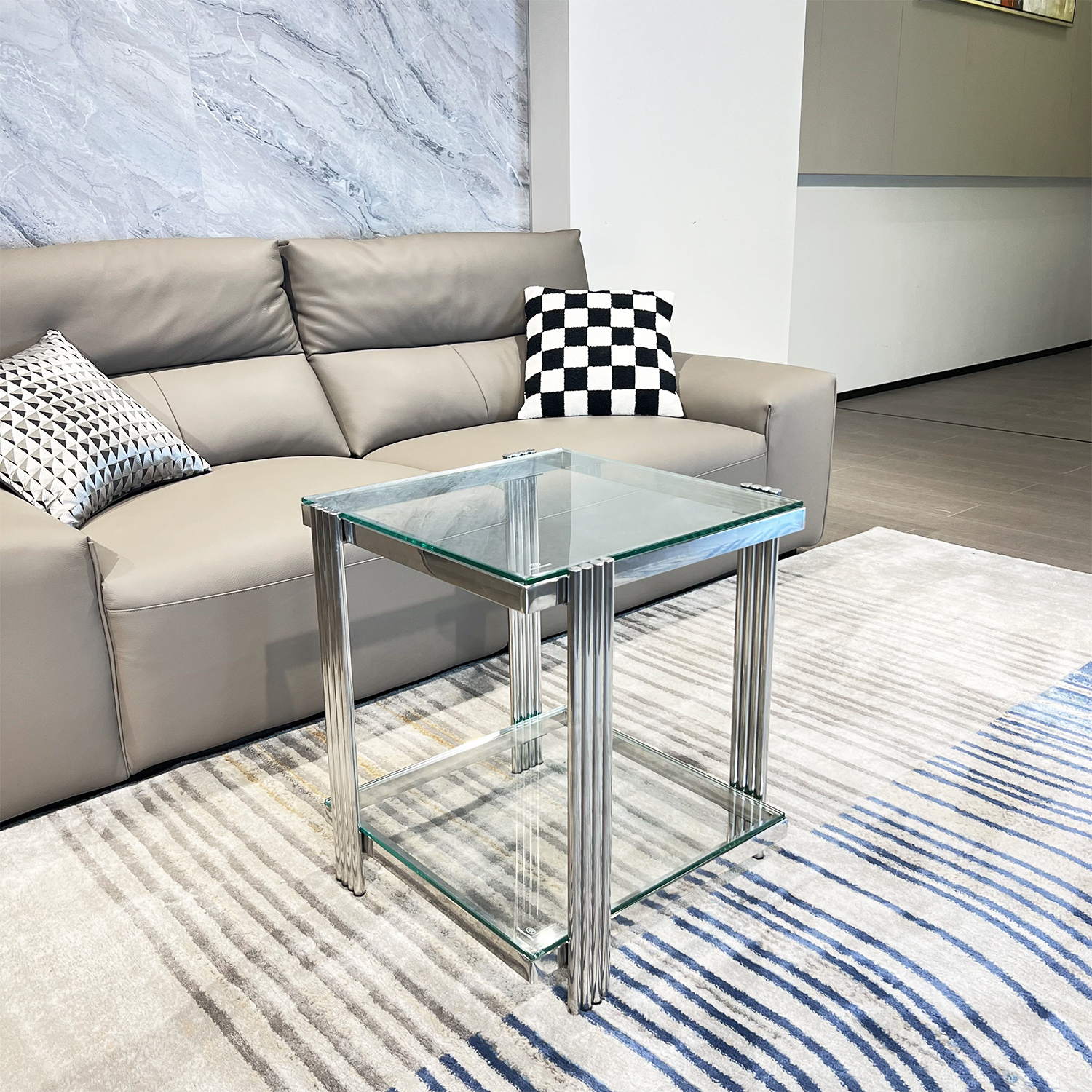 Silver Stainless Steel Double-Layer Clear Tempered Glass End Table  for Bed Room, Living Room