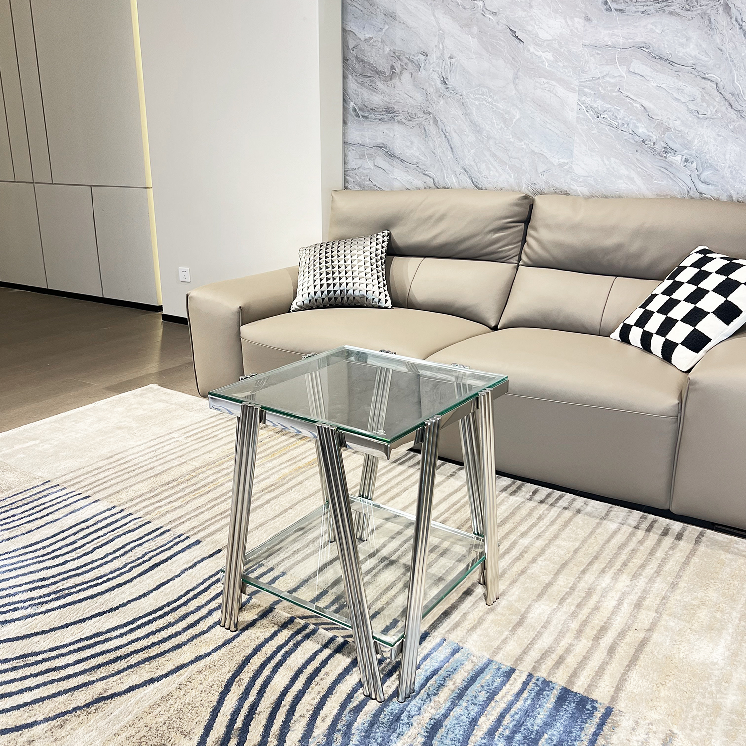 Silver Stainless Steel Double-Layer Clear Tempered Glass End Table  for Bed Room, Living Room