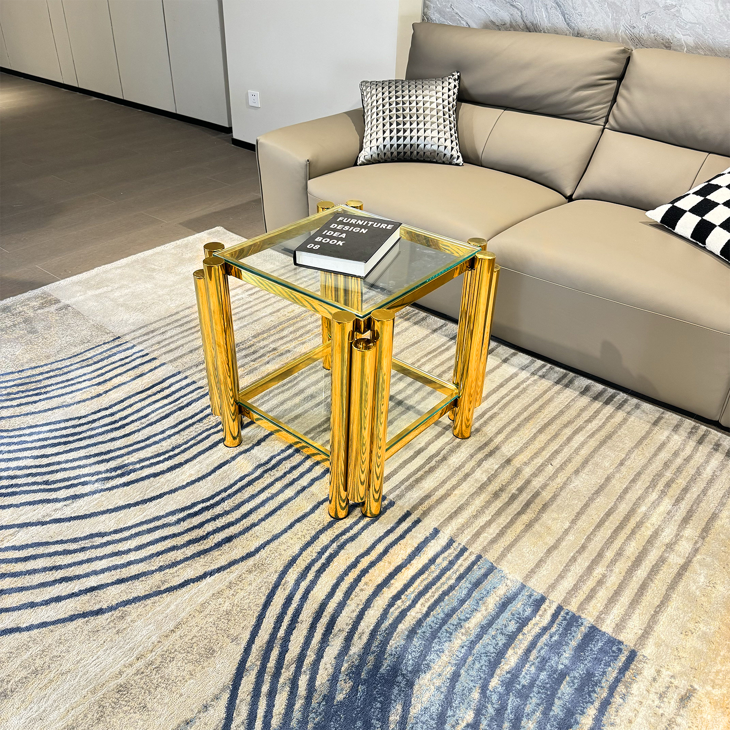 Golden Stainless Steel Double-Layer Clear Tempered Glass End Table  for Bed Room, Living Room