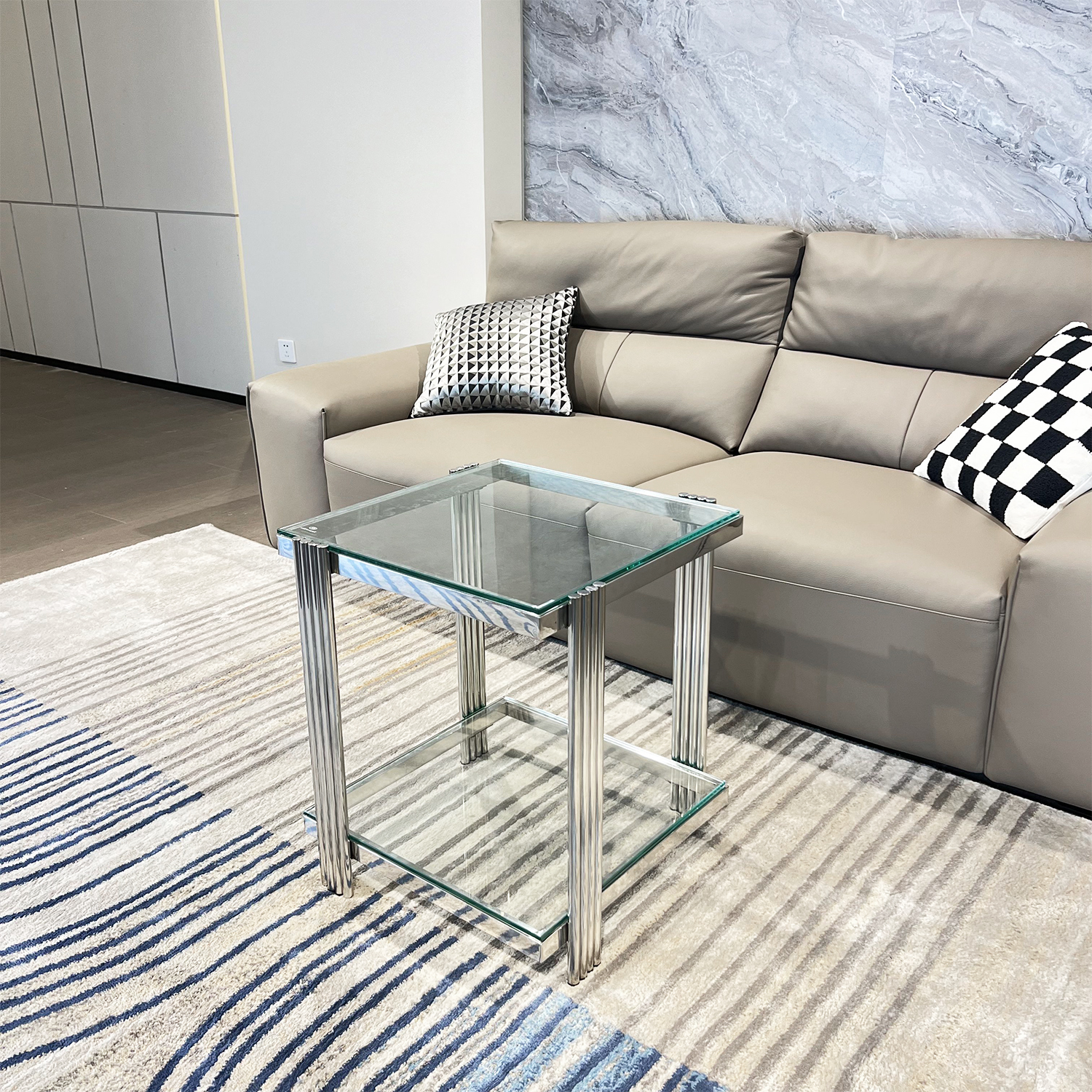 Silver Stainless Steel Double-Layer Clear Tempered Glass End Table  for Bed Room, Living Room