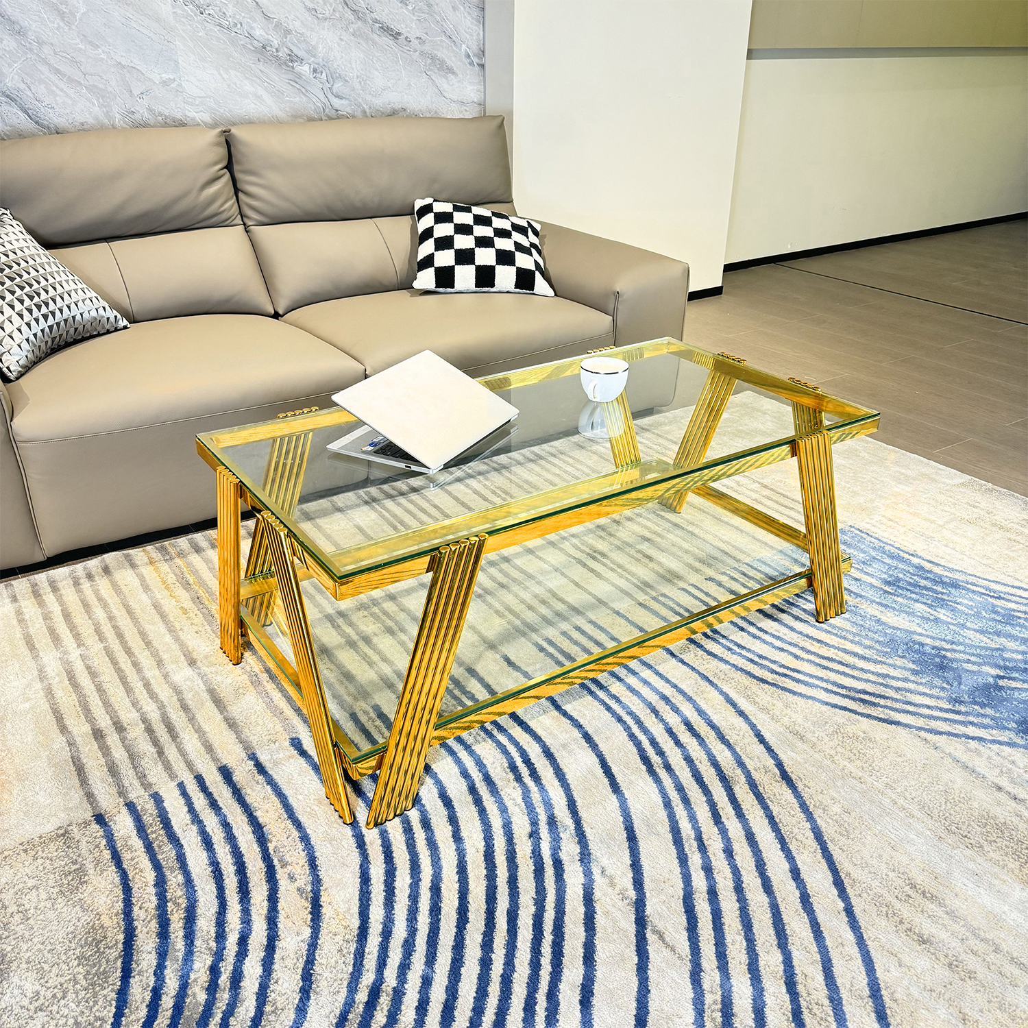 Golden Stainless Steel Double-Layer Clear Tempered Glass Coffee Table for Bed Room, Living Room