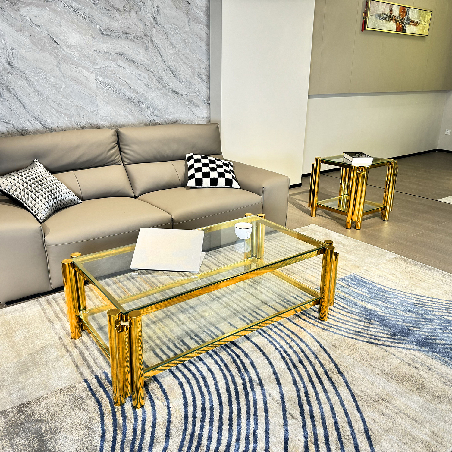 Golden Stainless Steel Double-Layer Clear Tempered Glass Coffee Table for Bed Room, Living Room